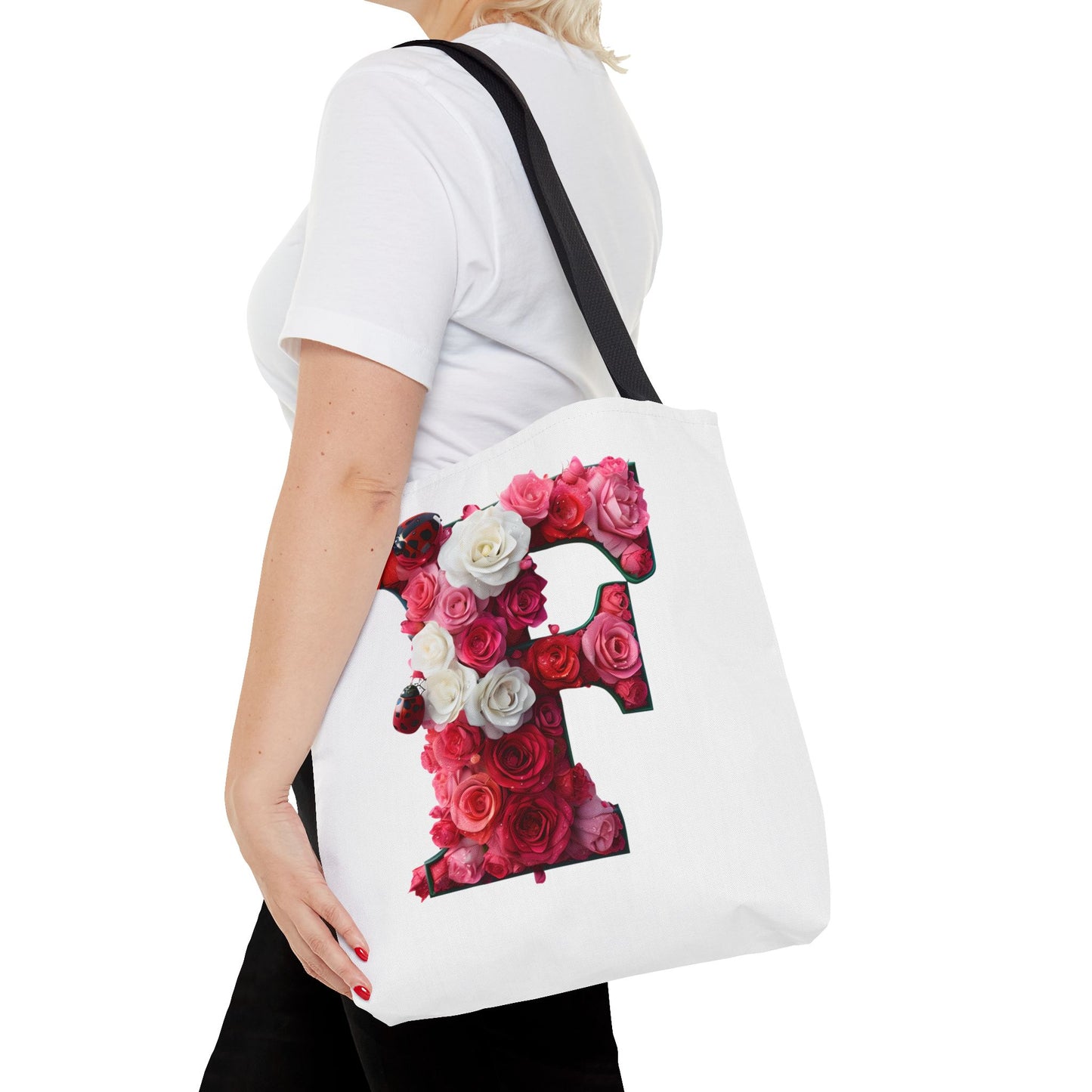 Floral Alphabet 'F' Rose and Ladybird Tote Bag