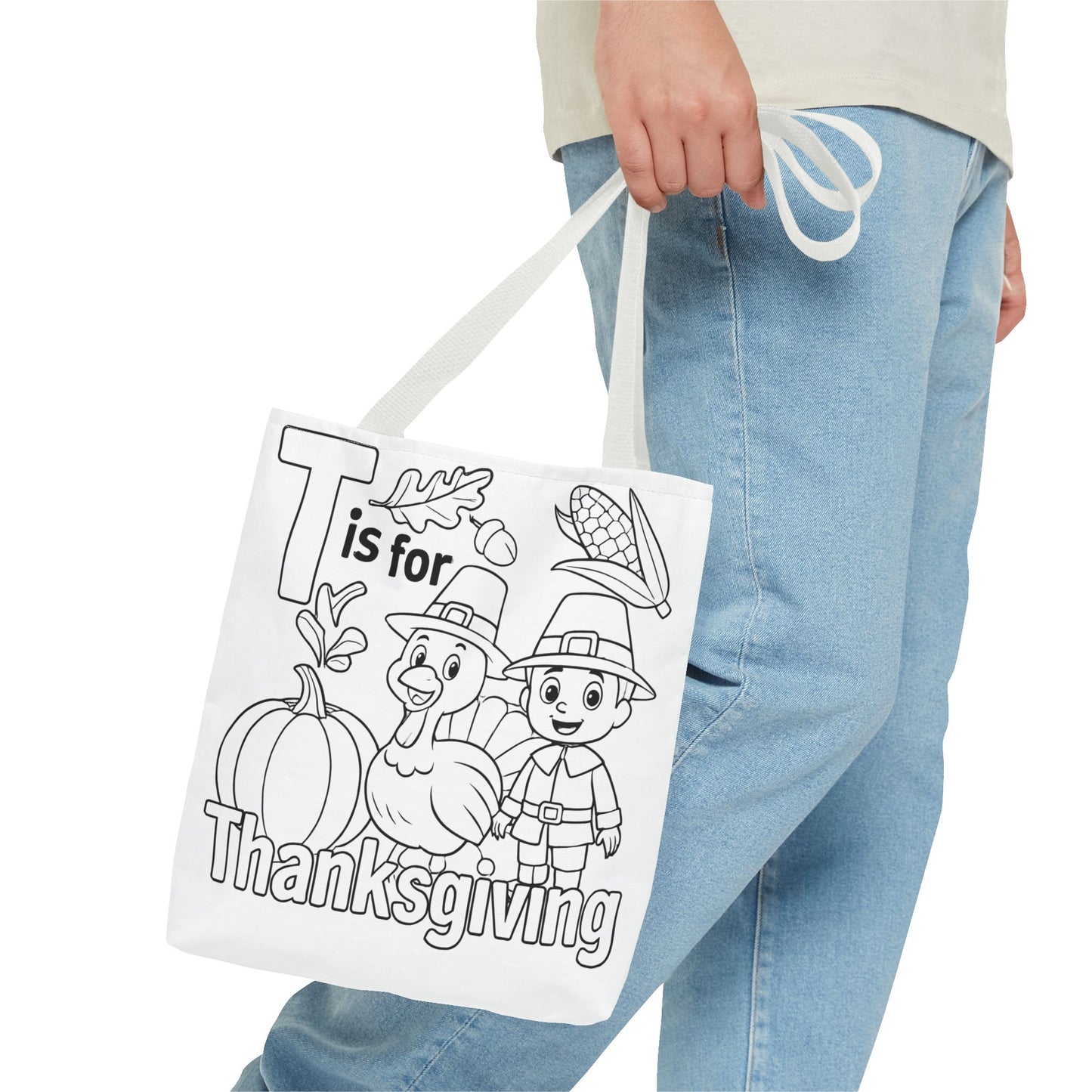 T is for Thanksgiving Coloring Page Tote Bag - Colorful Pilgrims and Turkey Design, AOP, Ideal for Holiday Gatherings, Gifts, and Crafts