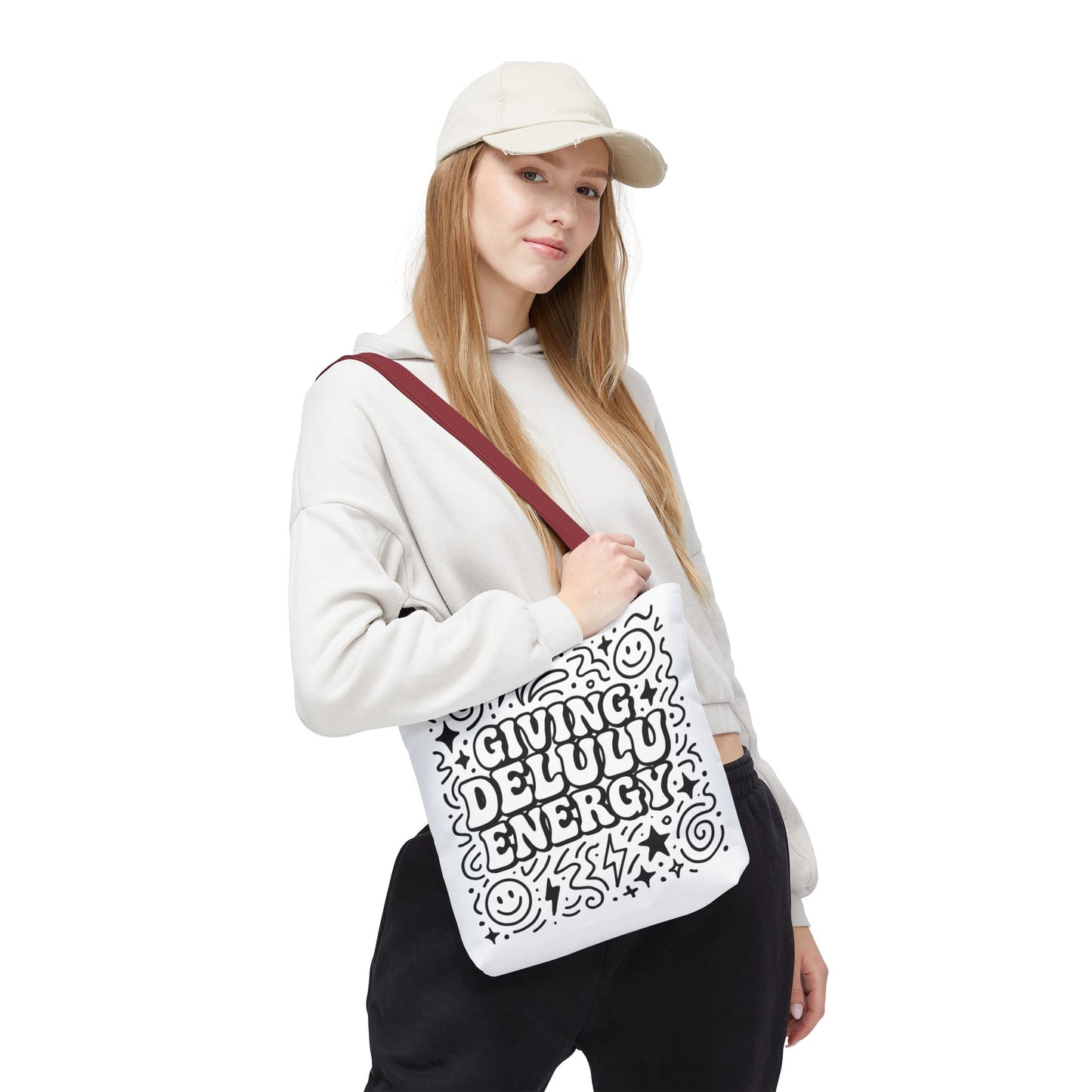 Black and White Doodle Art Tote Bag - Giving Delulu Energy - Gen Z Slang - Coloring Page Bag - Perfect for Everyday Use, Shopping, Gifts, Beach Trips