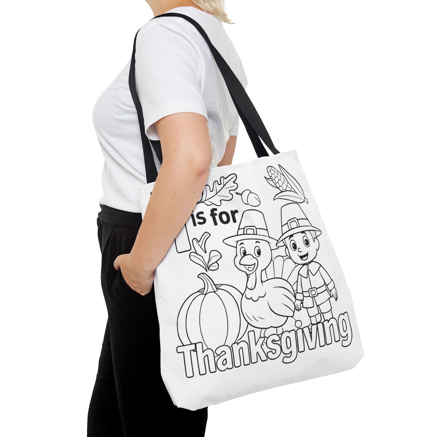 T is for Thanksgiving Coloring Page Tote Bag - Colorful Pilgrims and Turkey Design, AOP, Ideal for Holiday Gatherings, Gifts, and Crafts