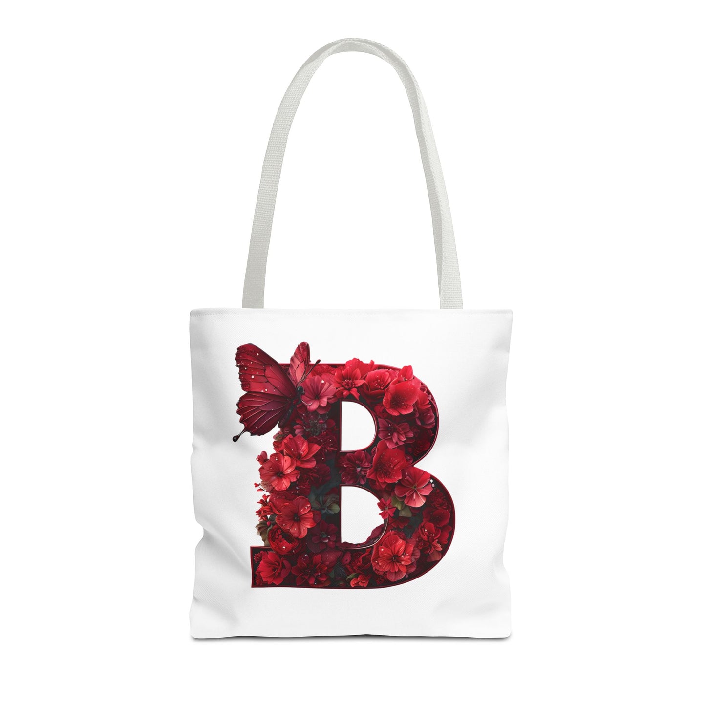 Red Floral Alphabet B' Tote Bag with Butterfly - Shopping, Beach or Travel Accessory