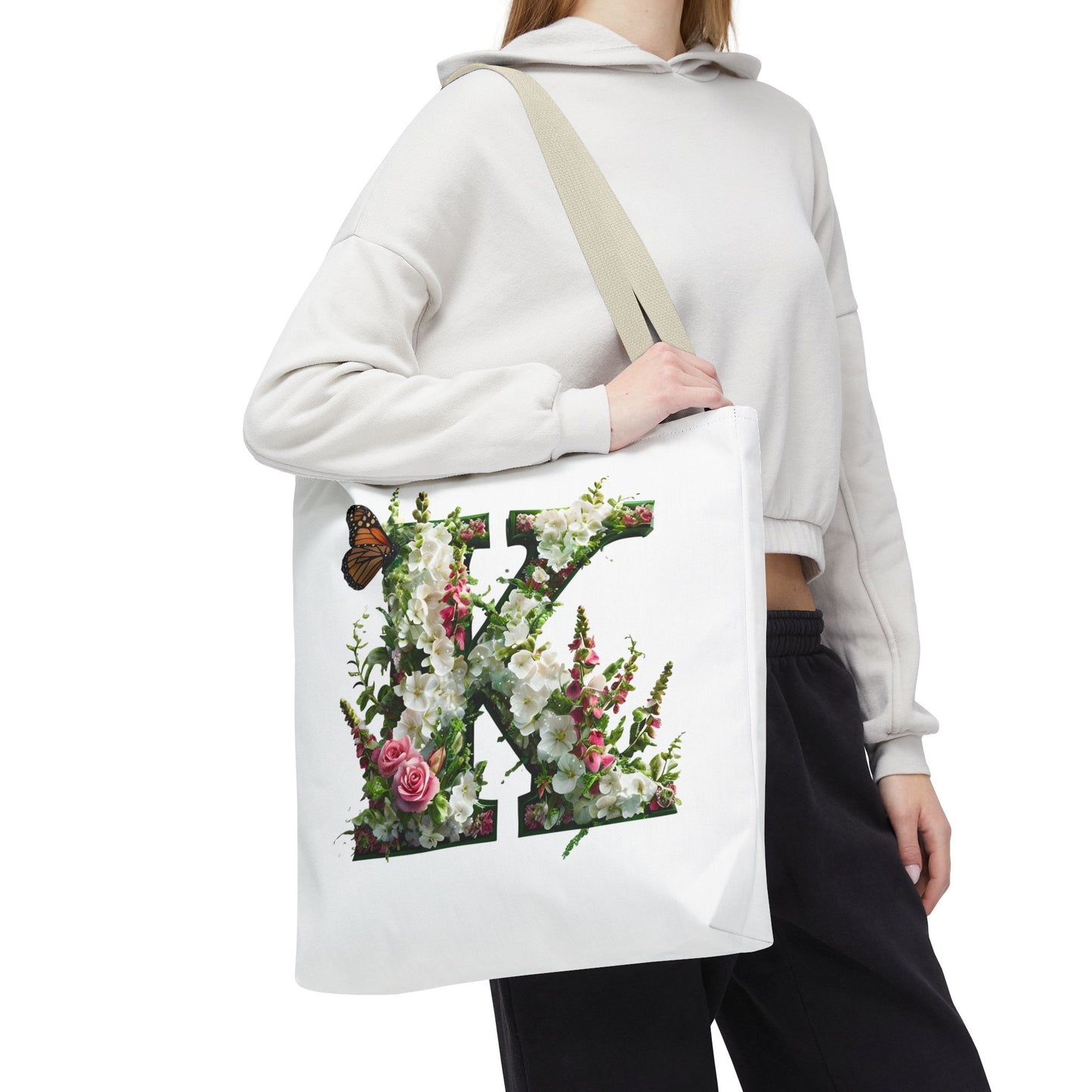 Floral Alphabet 'K' Tote Bag with Cottage Garden Flowers and Butterfly Design