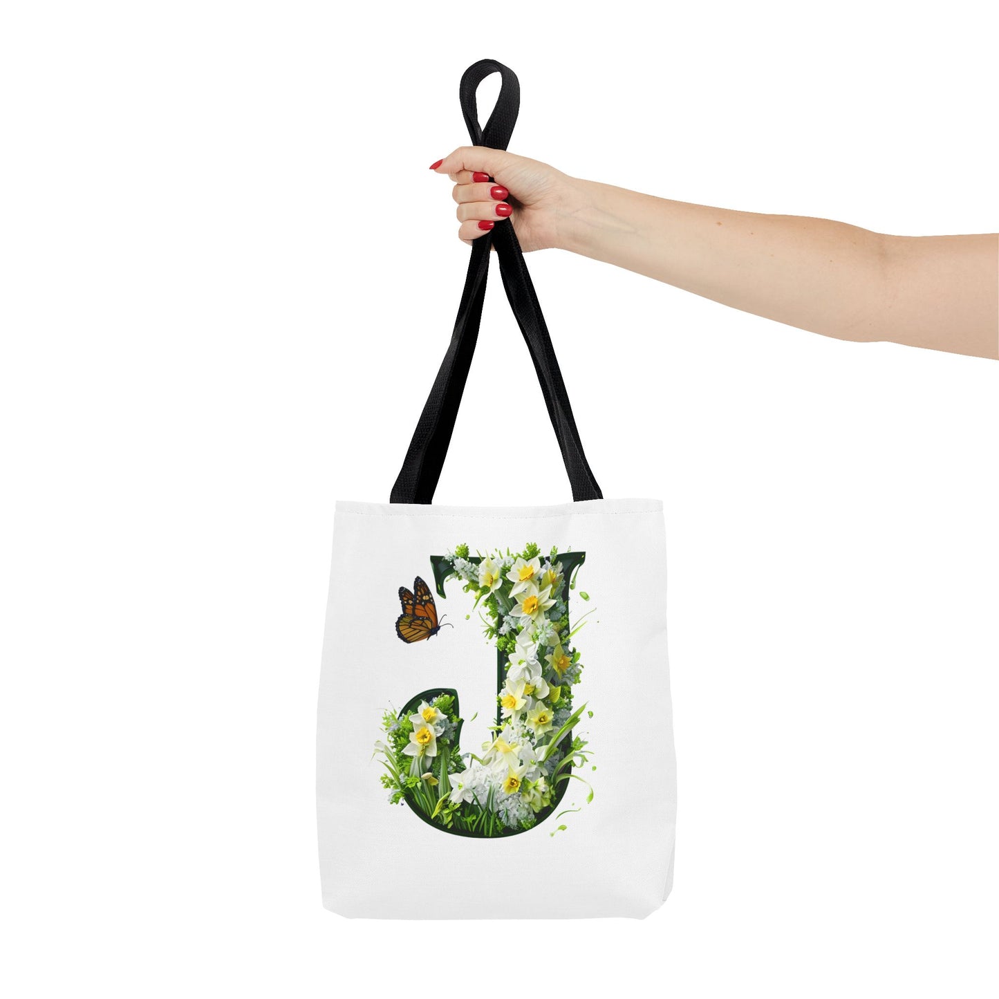 Floral Alphabet 'J' Tote Bag with Daffodils and Butterfly -Shopping & Gift Bag