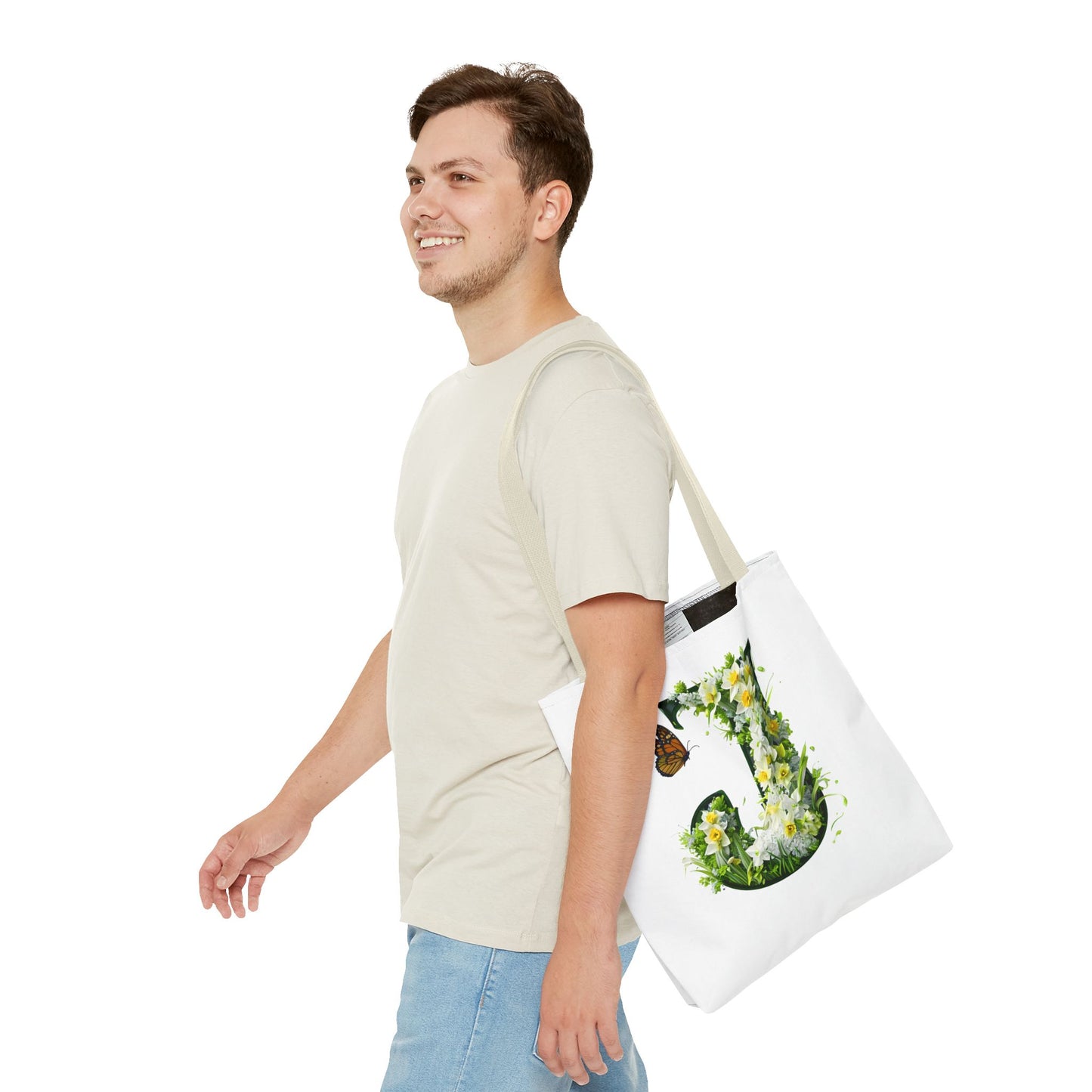 Floral Alphabet 'J' Tote Bag with Daffodils and Butterfly -Shopping & Gift Bag