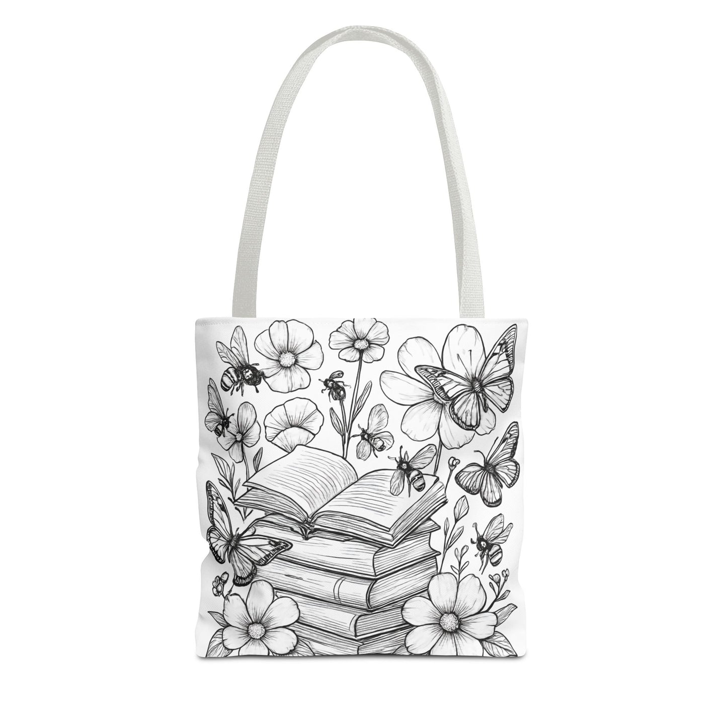 Coloring Page Book Lover Tote Bag, Floral Butterfly Tote, Gift for Readers, Library Bag, Eco-Friendly Shopping Tote