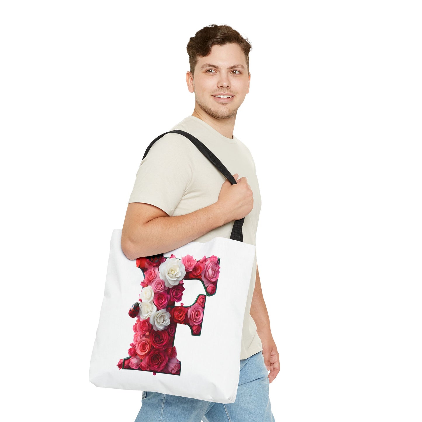 Floral Alphabet 'F' Rose and Ladybird Tote Bag
