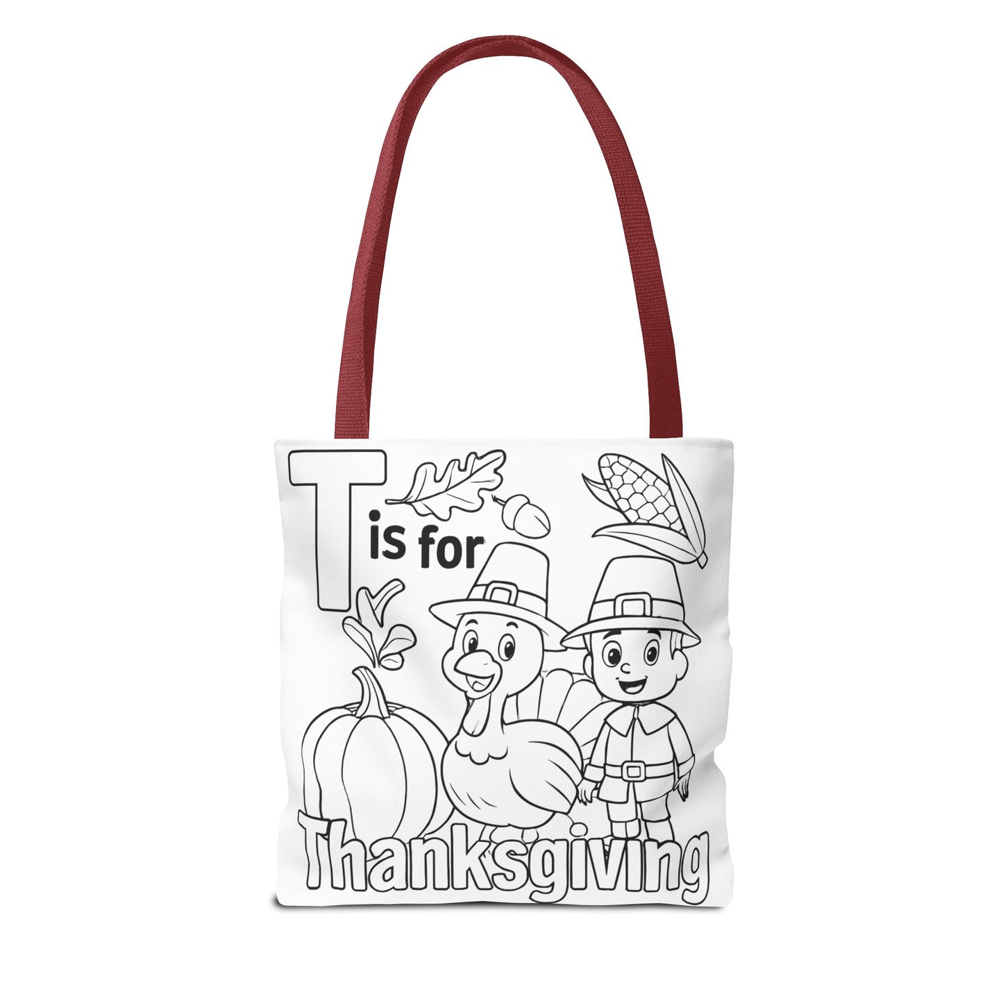 T is for Thanksgiving Coloring Page Tote Bag - Colorful Pilgrims and Turkey Design, AOP, Ideal for Holiday Gatherings, Gifts, and Crafts
