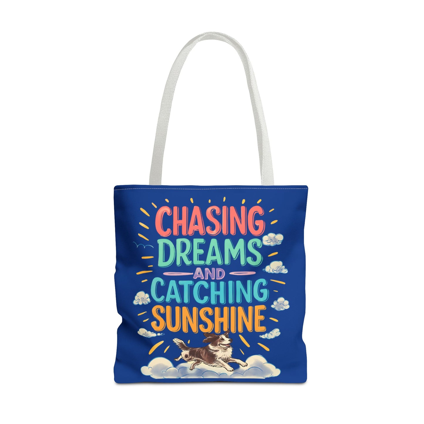 Chasing Dreams Tote Bag, Inspirational Tote, Dog Lover Gift, Eco-Friendly Shopper, Motivational Bag, Bright Blue Design