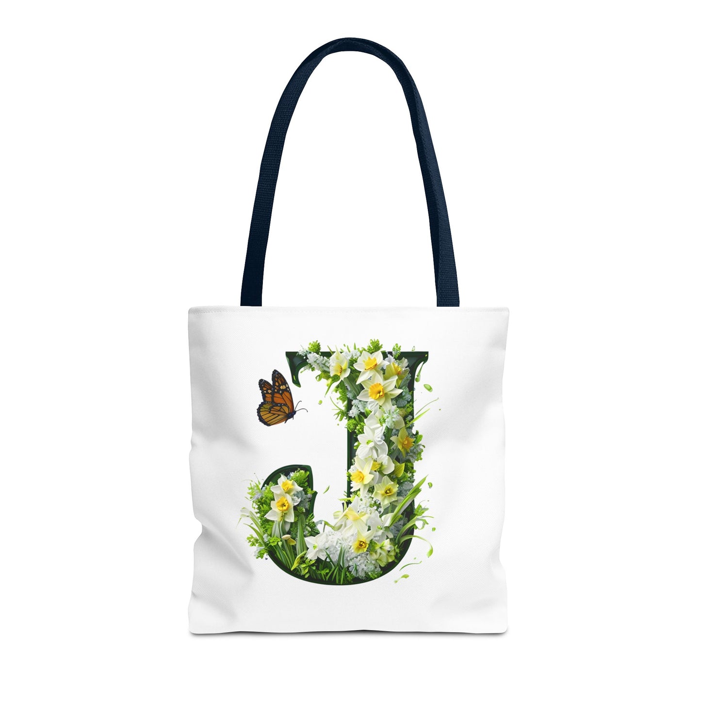 Floral Alphabet 'J' Tote Bag with Daffodils and Butterfly -Shopping & Gift Bag
