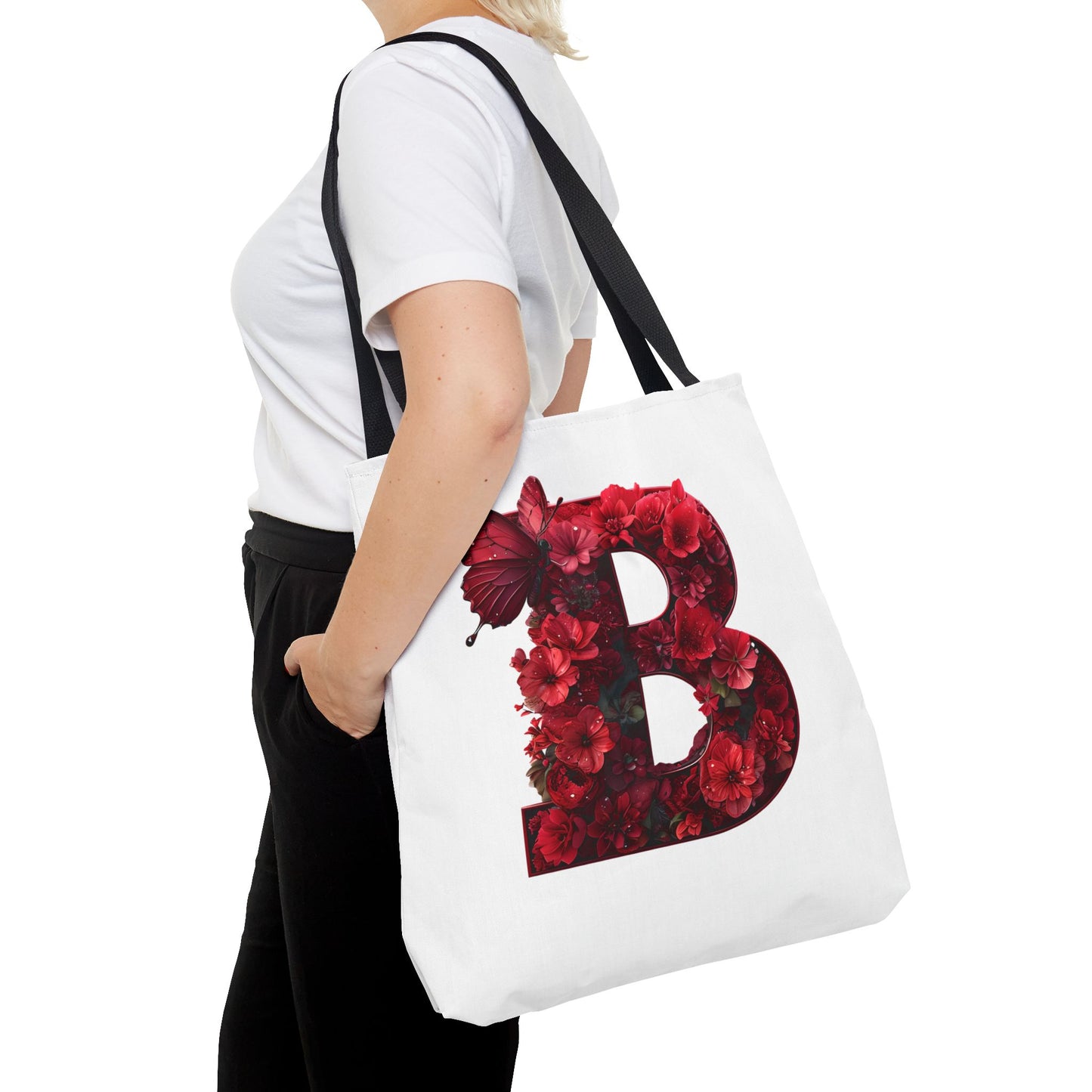 Red Floral Alphabet B' Tote Bag with Butterfly - Shopping, Beach or Travel Accessory