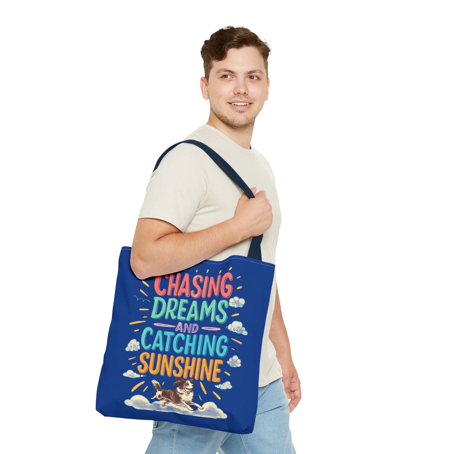 Chasing Dreams Tote Bag, Inspirational Tote, Dog Lover Gift, Eco-Friendly Shopper, Motivational Bag, Bright Blue Design