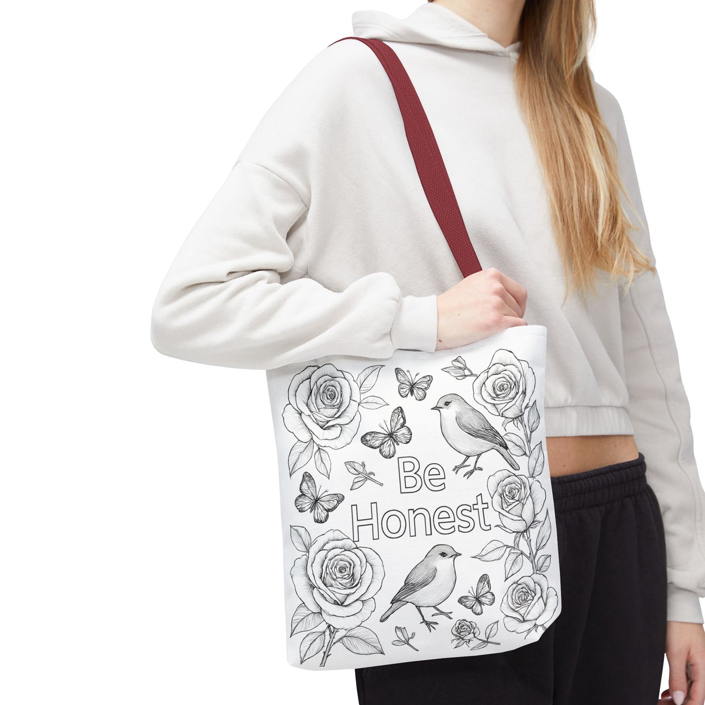 Black and White Floral Tote Bag - "Be Honest" Coloring Page Design, Eco-Friendly Shopping, Gift for Nature Lovers, Artistic Carryall, Everyday Use