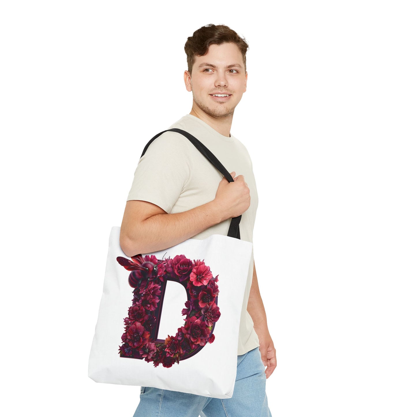 Floral Alphabet 'D' Tote Bag – Stylish Floral and Bee Design
