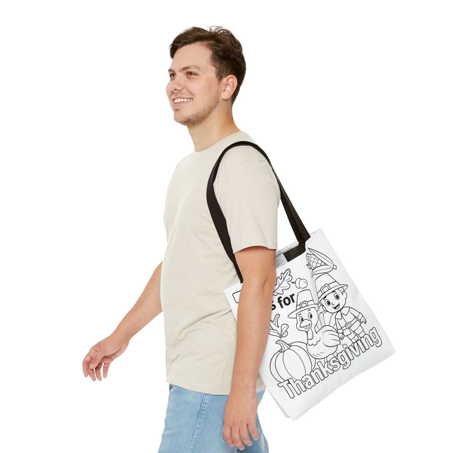 T is for Thanksgiving Coloring Page Tote Bag - Colorful Pilgrims and Turkey Design, AOP, Ideal for Holiday Gatherings, Gifts, and Crafts