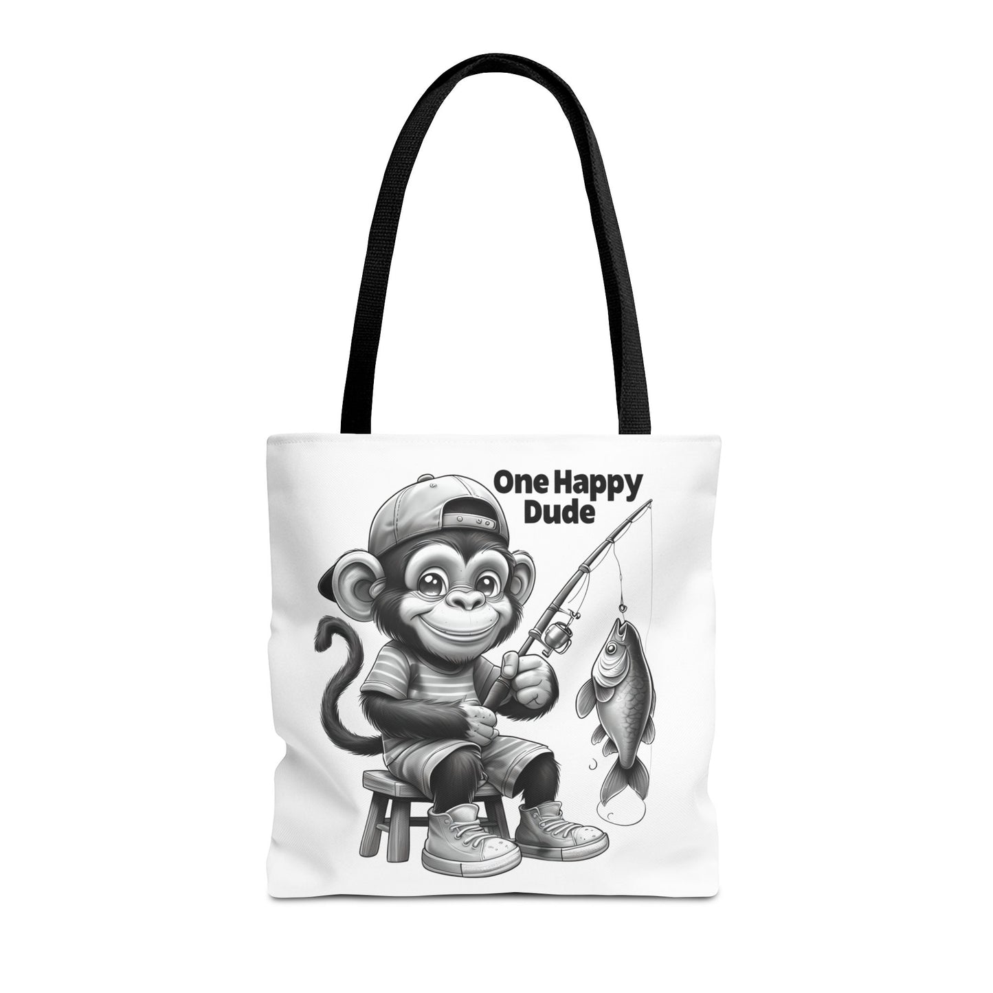 Happy Fishing Monkey Tote Bag, Fun Gift for Dad, Cool Beach Bag, Cute Animal Lover Accessory, Unique Shopper Tote