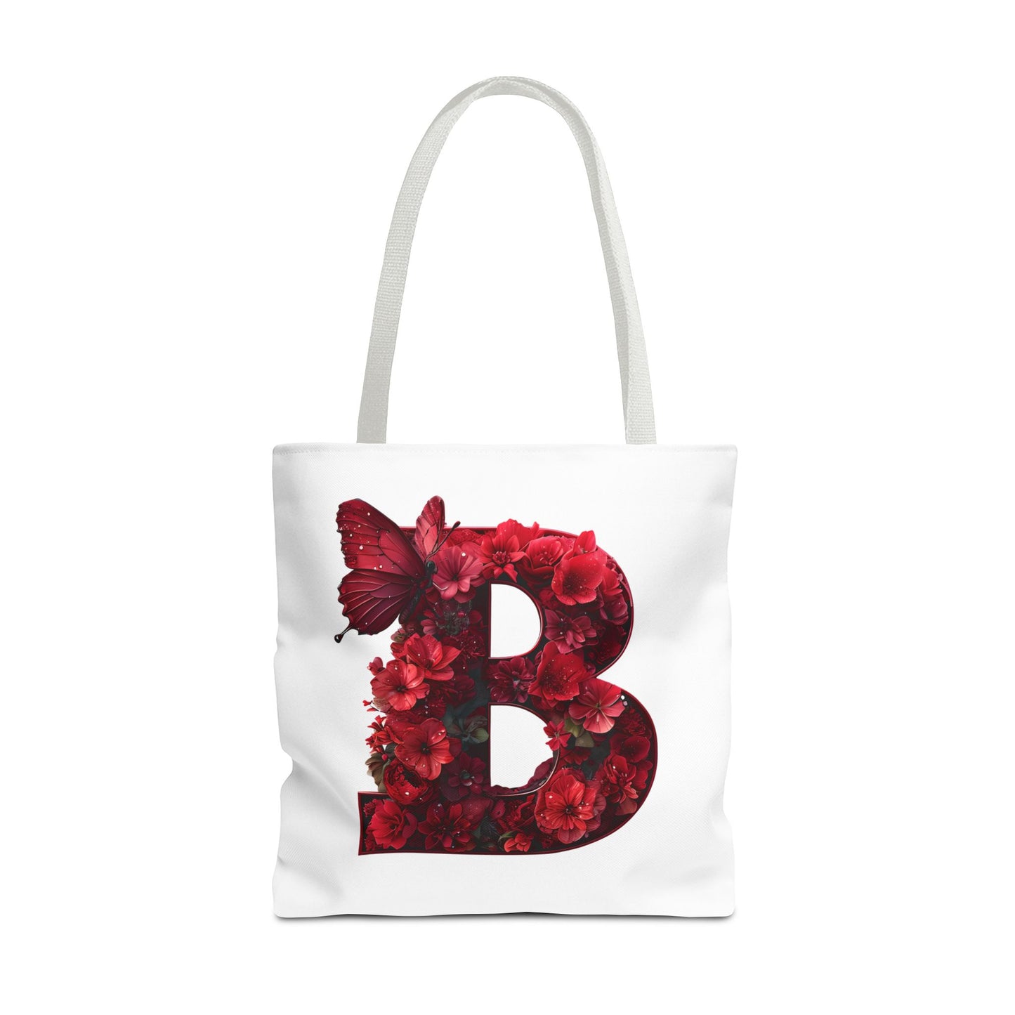 Red Floral Alphabet B' Tote Bag with Butterfly - Shopping, Beach or Travel Accessory