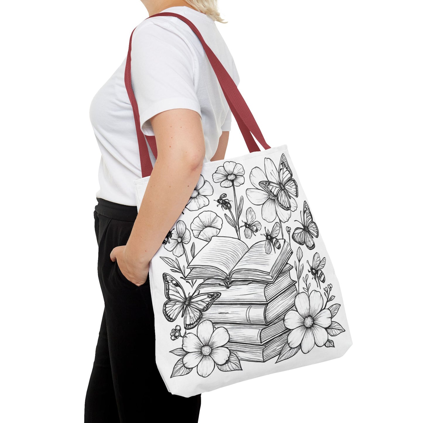 Coloring Page Book Lover Tote Bag, Floral Butterfly Tote, Gift for Readers, Library Bag, Eco-Friendly Shopping Tote