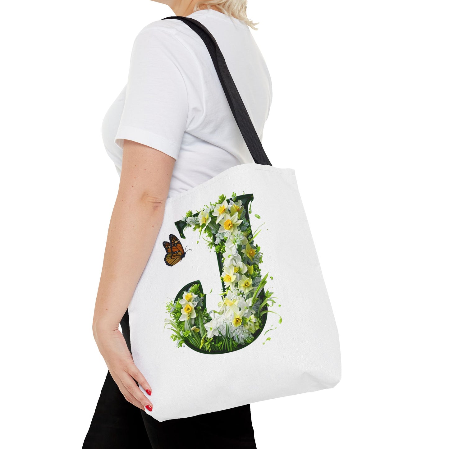 Floral Alphabet 'J' Tote Bag with Daffodils and Butterfly -Shopping & Gift Bag
