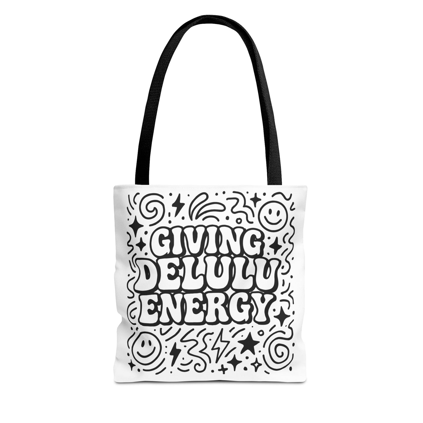 Black and White Doodle Art Tote Bag - Giving Delulu Energy - Gen Z Slang - Coloring Page Bag - Perfect for Everyday Use, Shopping, Gifts, Beach Trips
