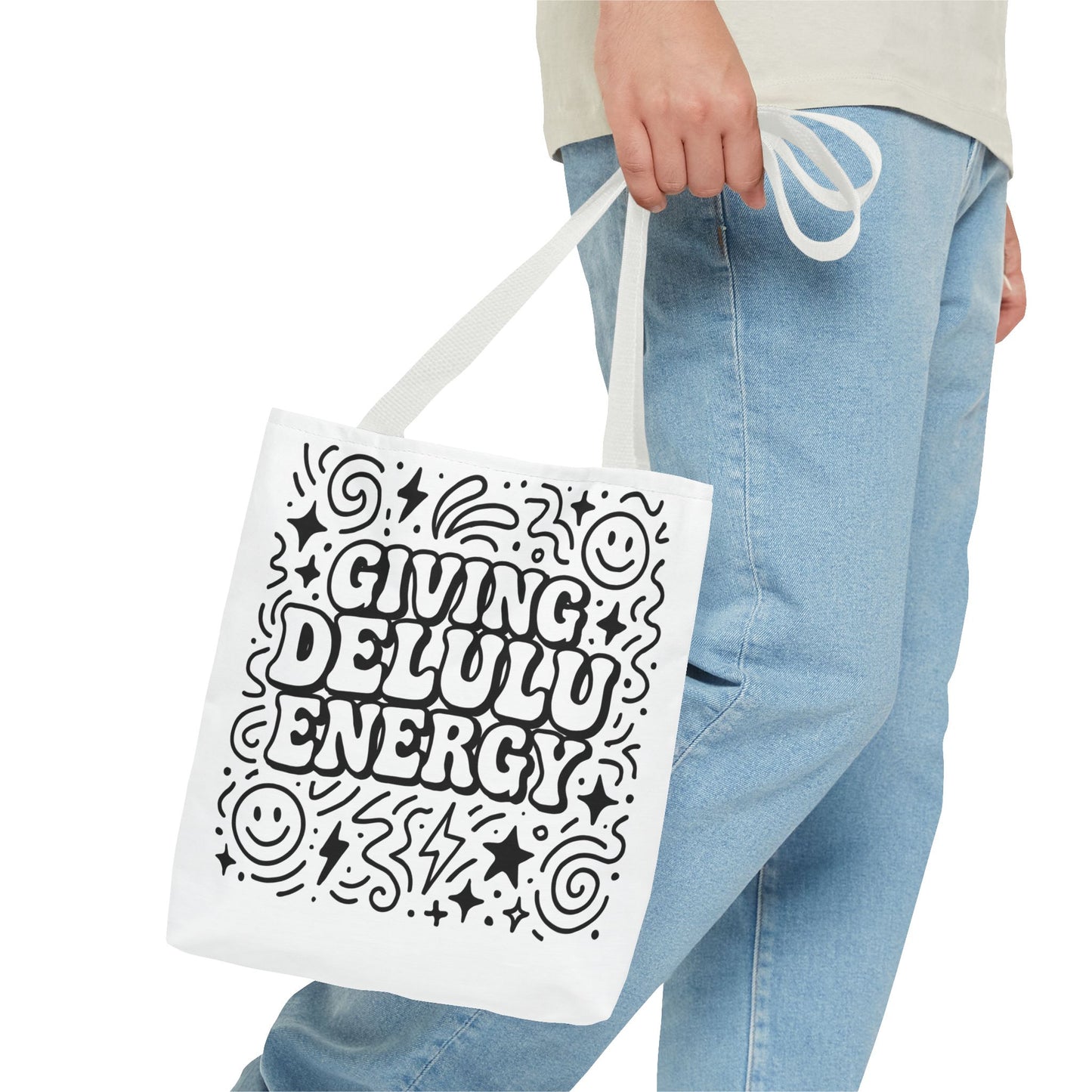 Black and White Doodle Art Tote Bag - Giving Delulu Energy - Gen Z Slang - Coloring Page Bag - Perfect for Everyday Use, Shopping, Gifts, Beach Trips