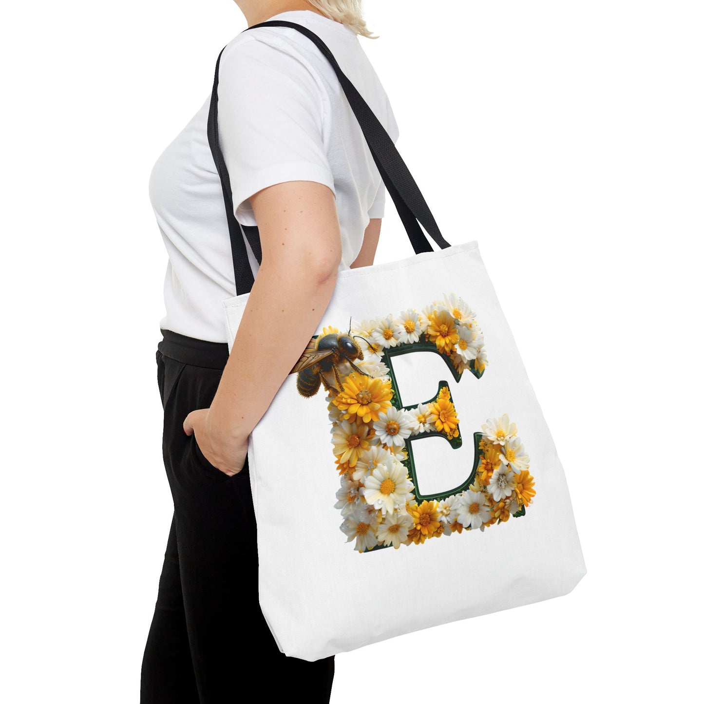Floral Alphabet Tote Bag with Yellow Daisies, the Initial 'E' and Bee Design