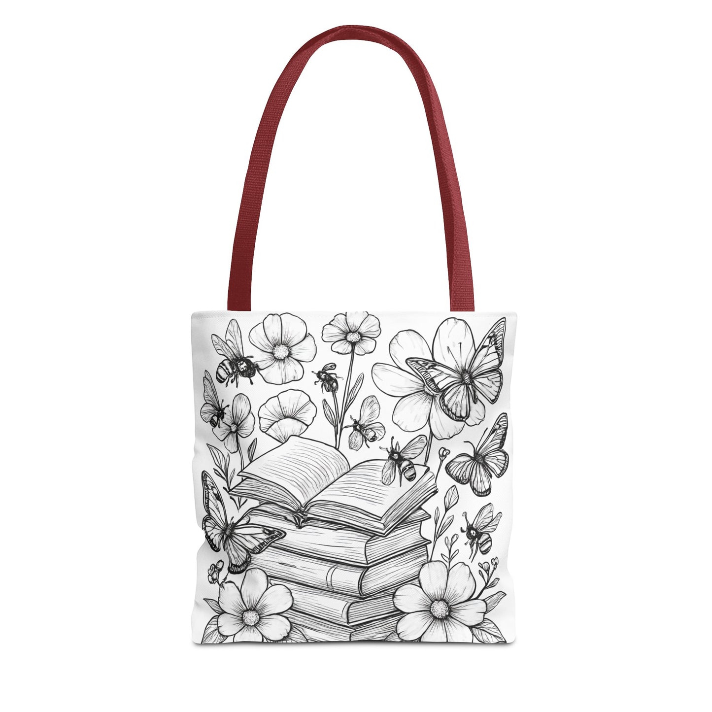 Coloring Page Book Lover Tote Bag, Floral Butterfly Tote, Gift for Readers, Library Bag, Eco-Friendly Shopping Tote
