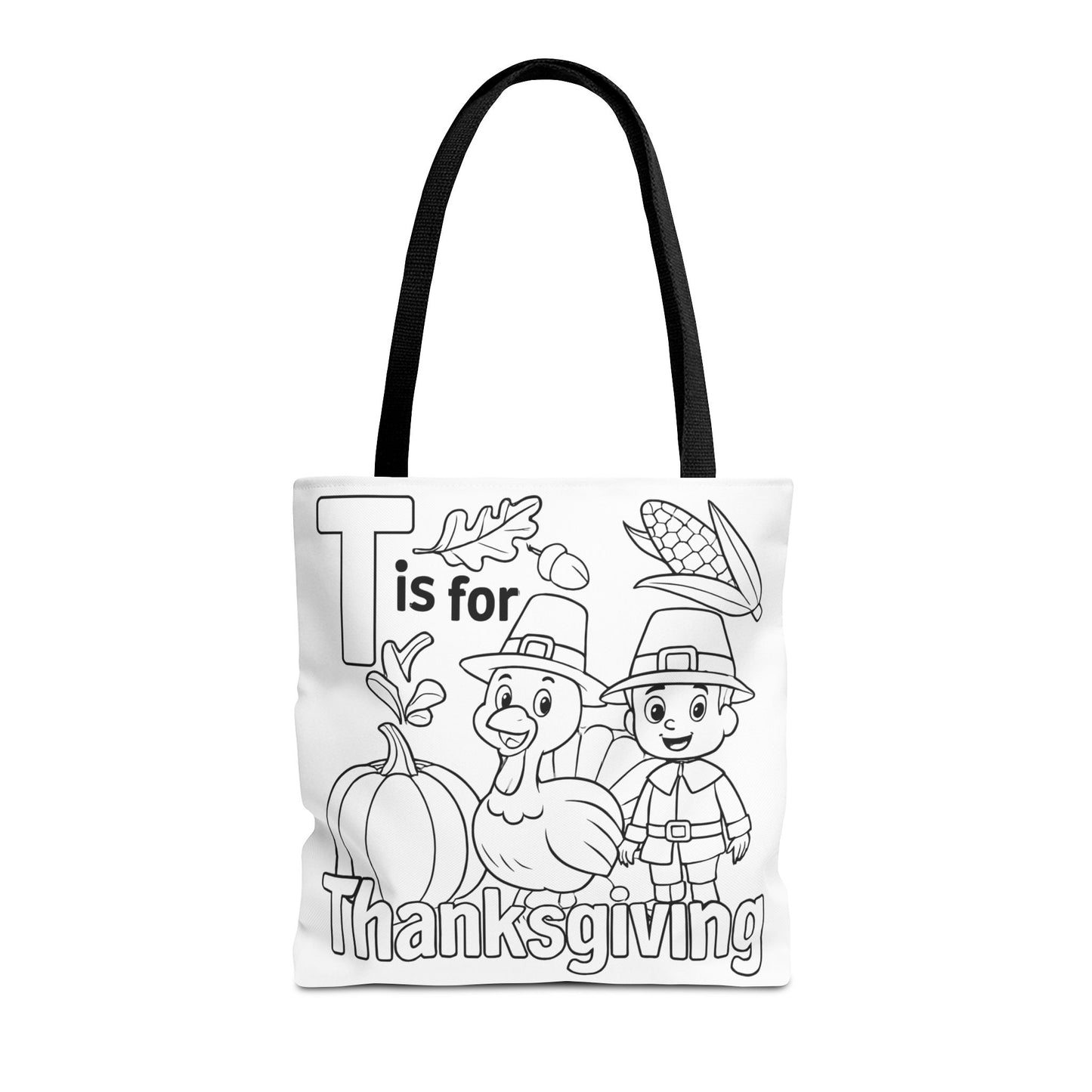 T is for Thanksgiving Coloring Page Tote Bag - Colorful Pilgrims and Turkey Design, AOP, Ideal for Holiday Gatherings, Gifts, and Crafts