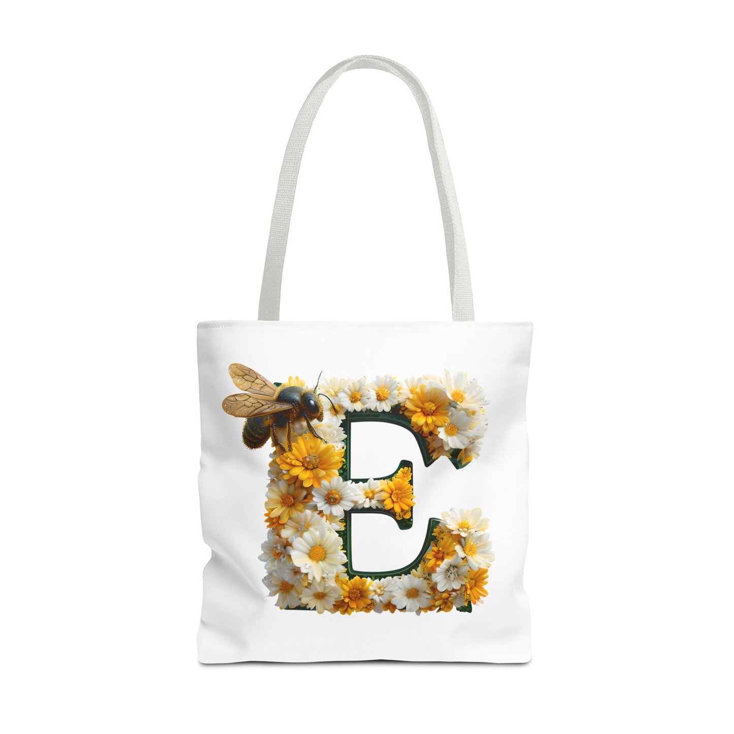 Floral Alphabet Tote Bag with Yellow Daisies, the Initial 'E' and Bee Design