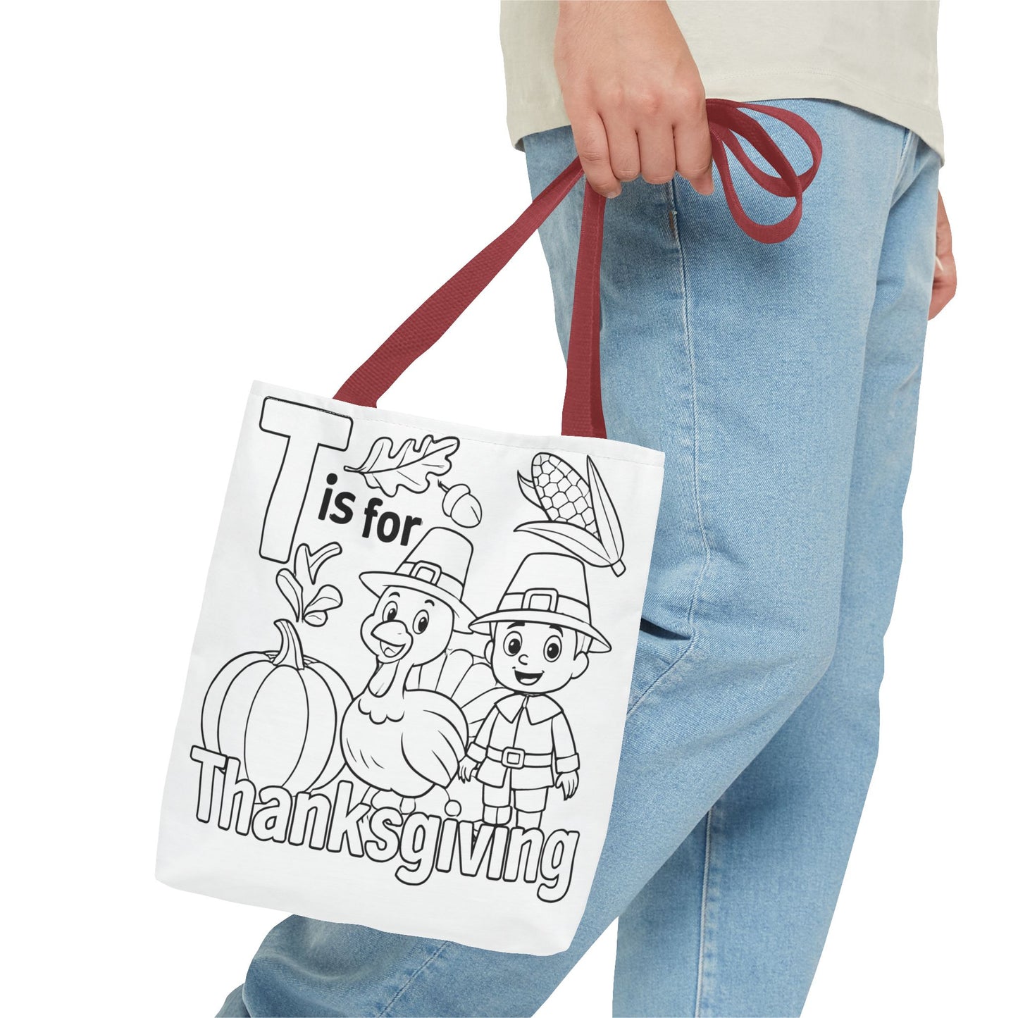 T is for Thanksgiving Coloring Page Tote Bag - Colorful Pilgrims and Turkey Design, AOP, Ideal for Holiday Gatherings, Gifts, and Crafts