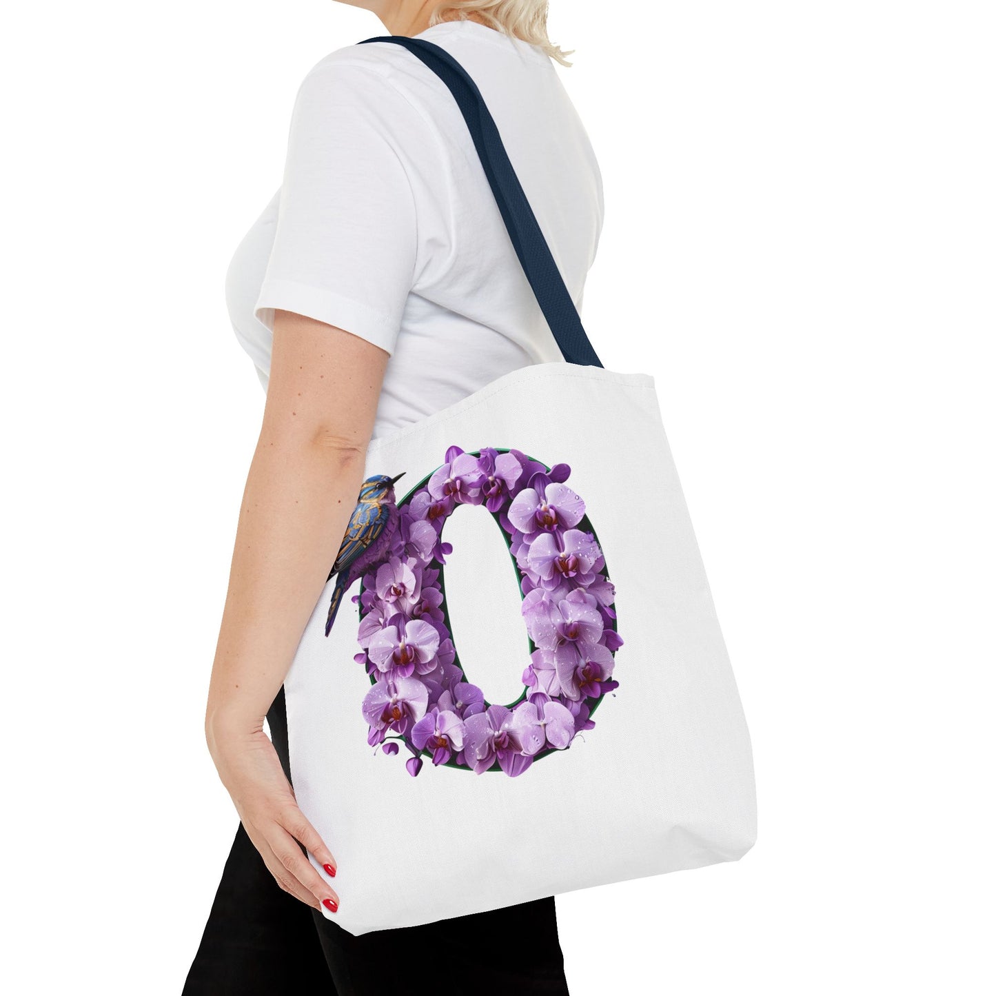 Floral Alphabet 'O' Tote Bag with Bird and Purple Flowers