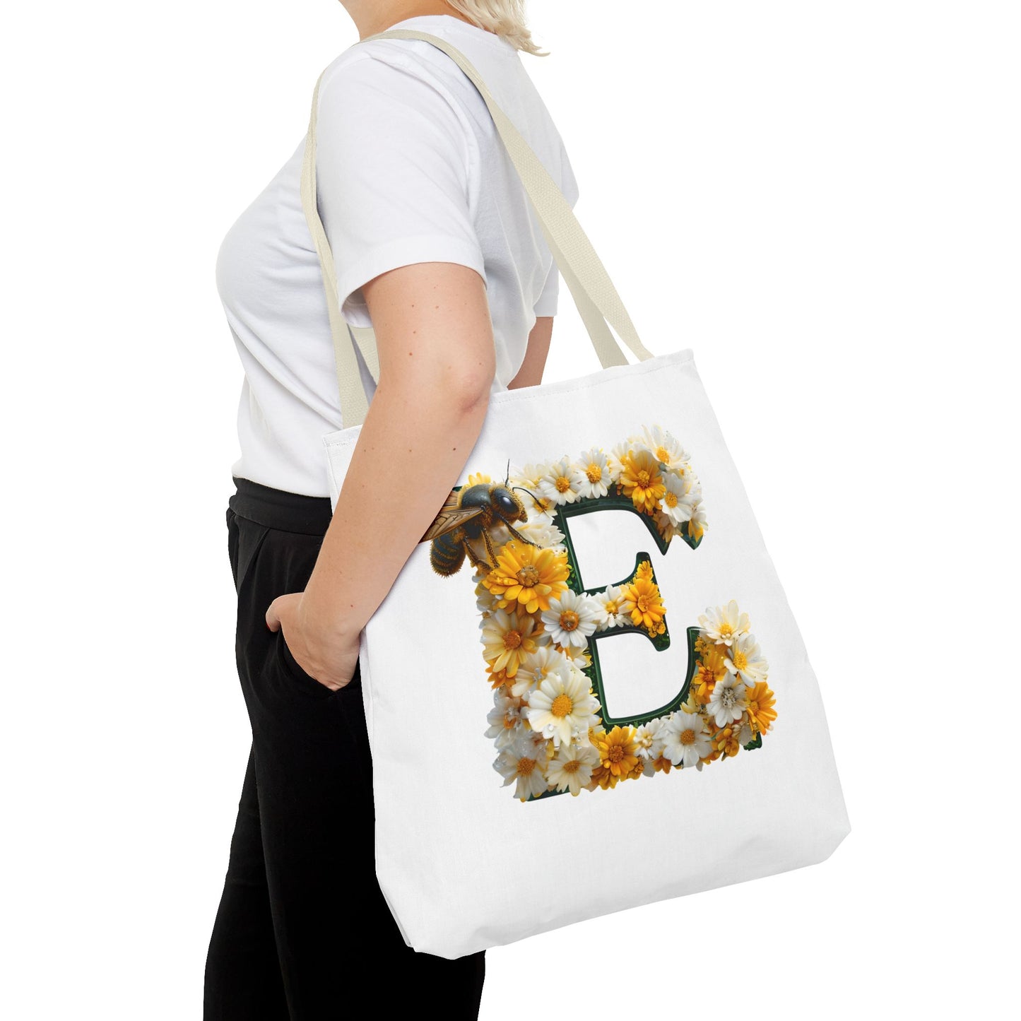 Floral Alphabet Tote Bag with Yellow Daisies, the Initial 'E' and Bee Design