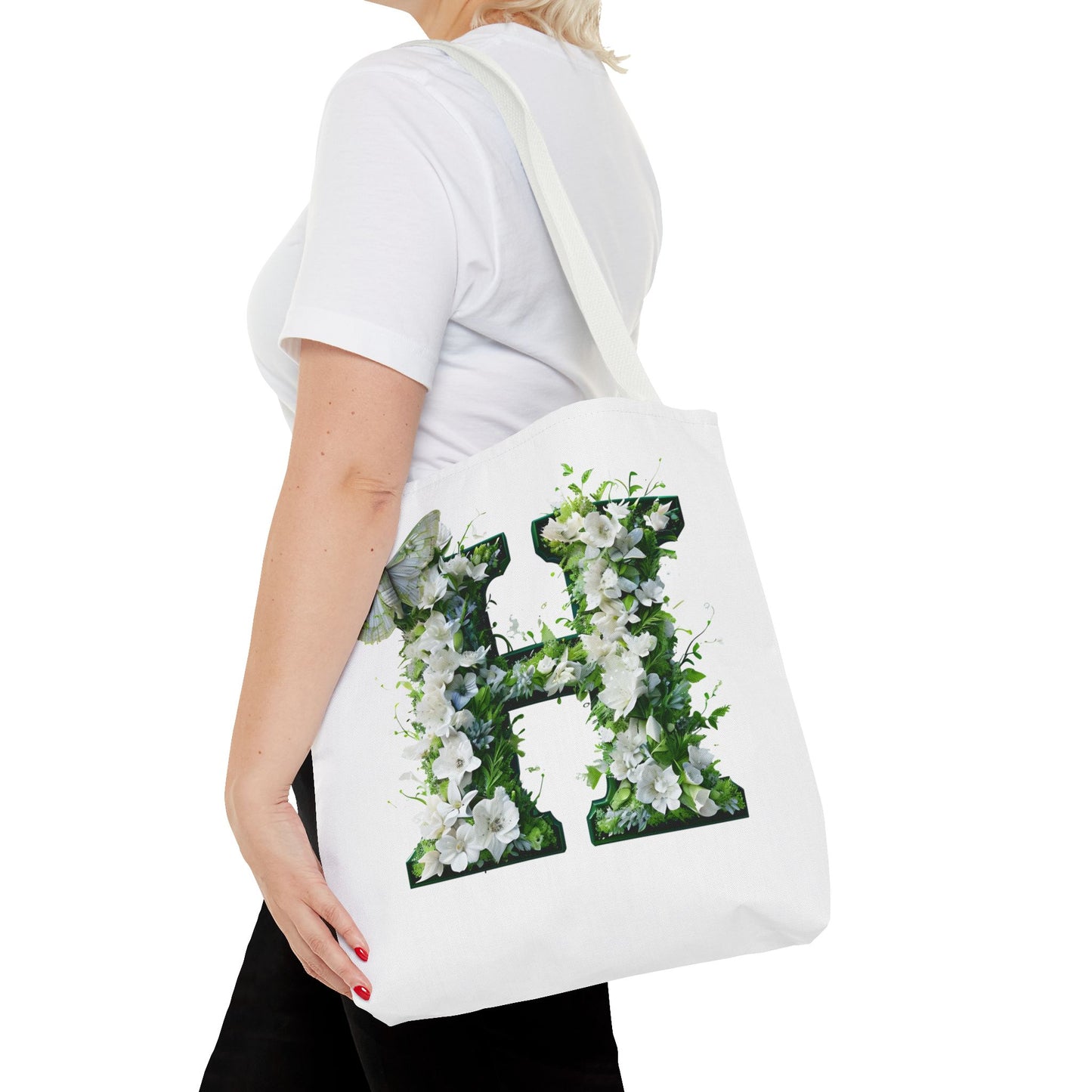 Floral Alphabet 'H' Tote Bag - Green and White Gift for Nature Lovers