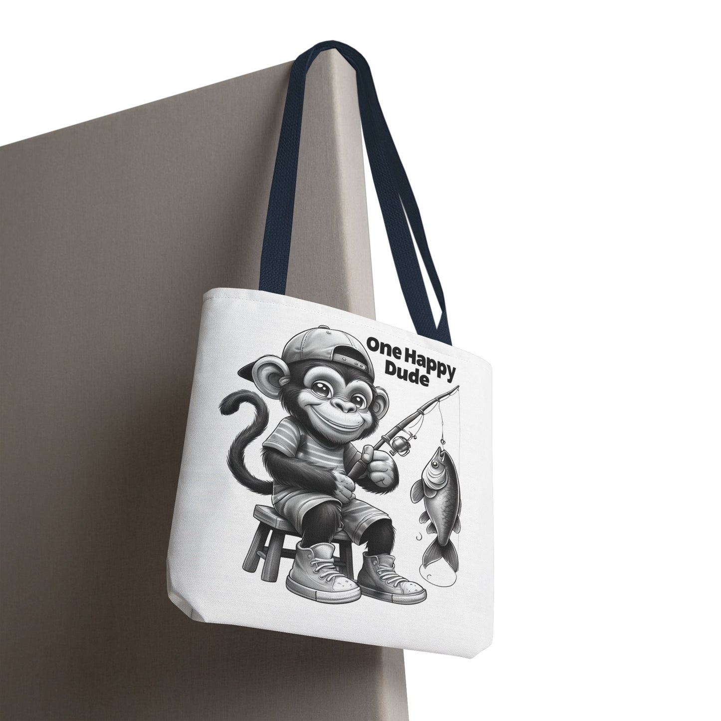 Happy Fishing Monkey Tote Bag, Fun Gift for Dad, Cool Beach Bag, Cute Animal Lover Accessory, Unique Shopper Tote