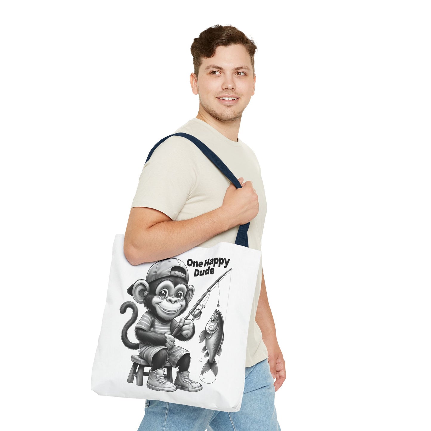 Happy Fishing Monkey Tote Bag, Fun Gift for Dad, Cool Beach Bag, Cute Animal Lover Accessory, Unique Shopper Tote