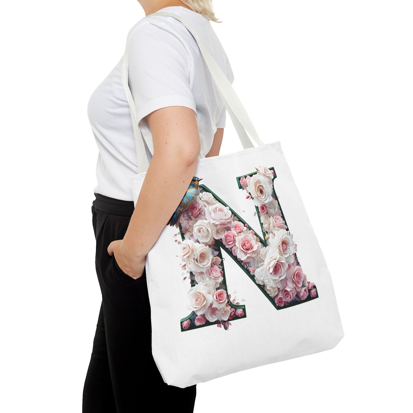 Floral Alphabet 'N' Tote Bag - Chic Shopper Accessory with Flower and Bird Design