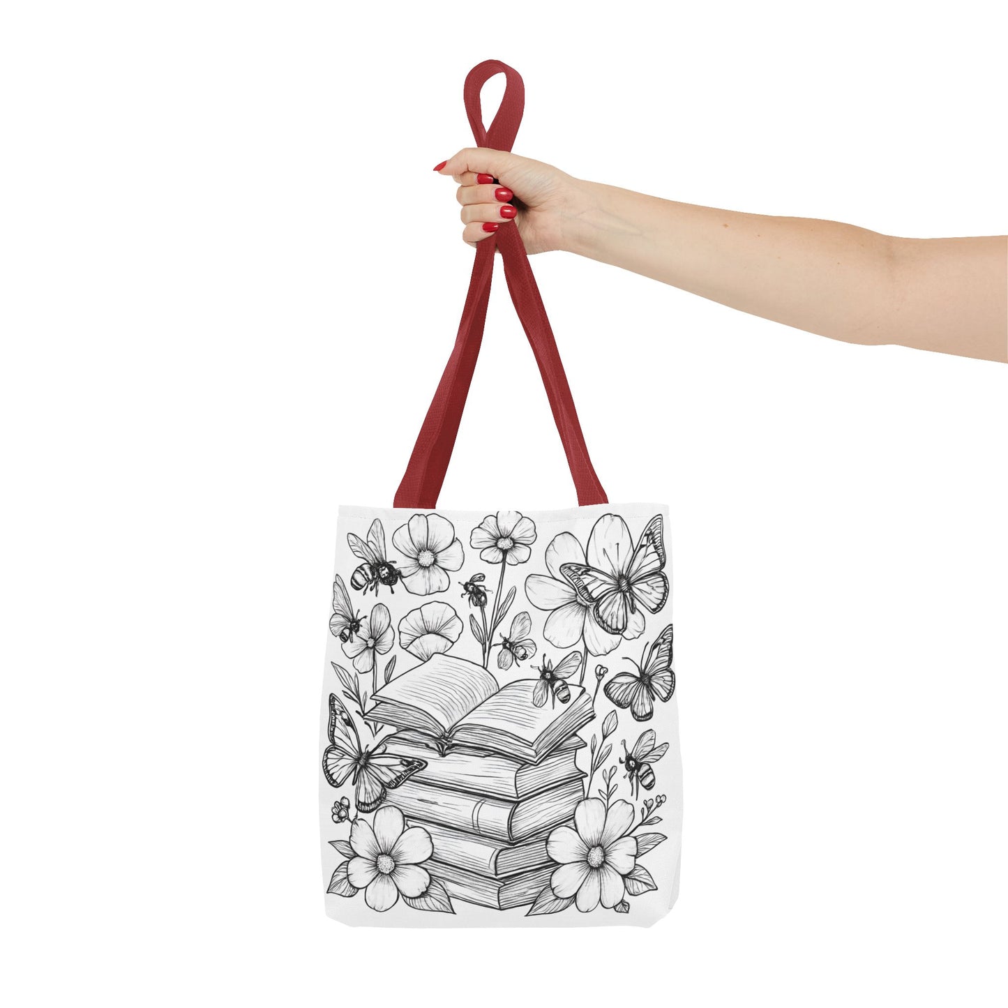 Coloring Page Book Lover Tote Bag, Floral Butterfly Tote, Gift for Readers, Library Bag, Eco-Friendly Shopping Tote