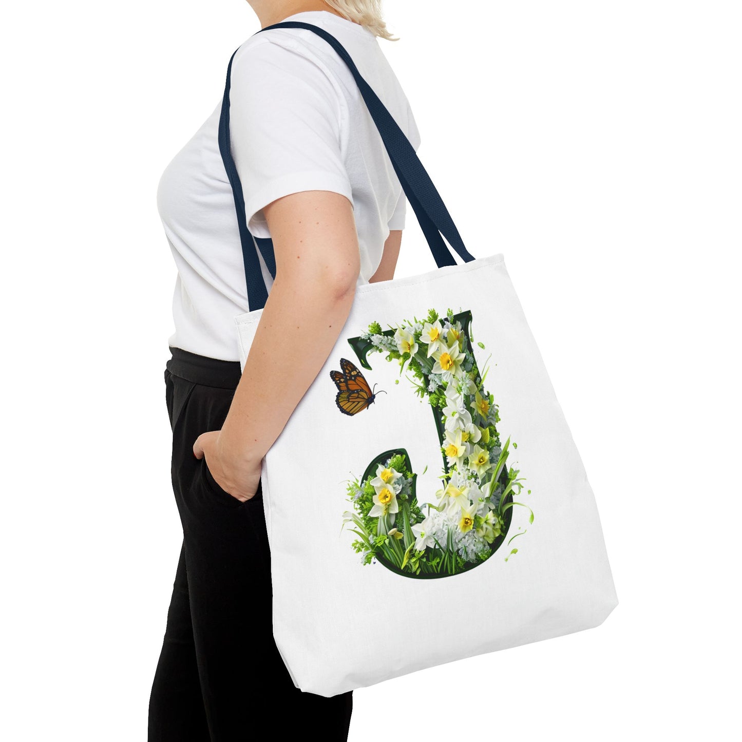 Floral Alphabet 'J' Tote Bag with Daffodils and Butterfly -Shopping & Gift Bag