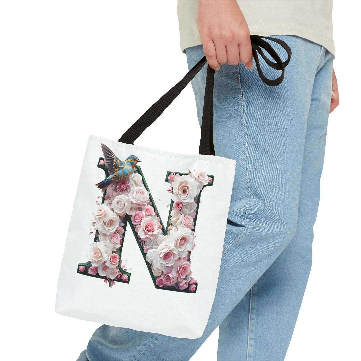 Floral Alphabet 'N' Tote Bag - Chic Shopper Accessory with Flower and Bird Design