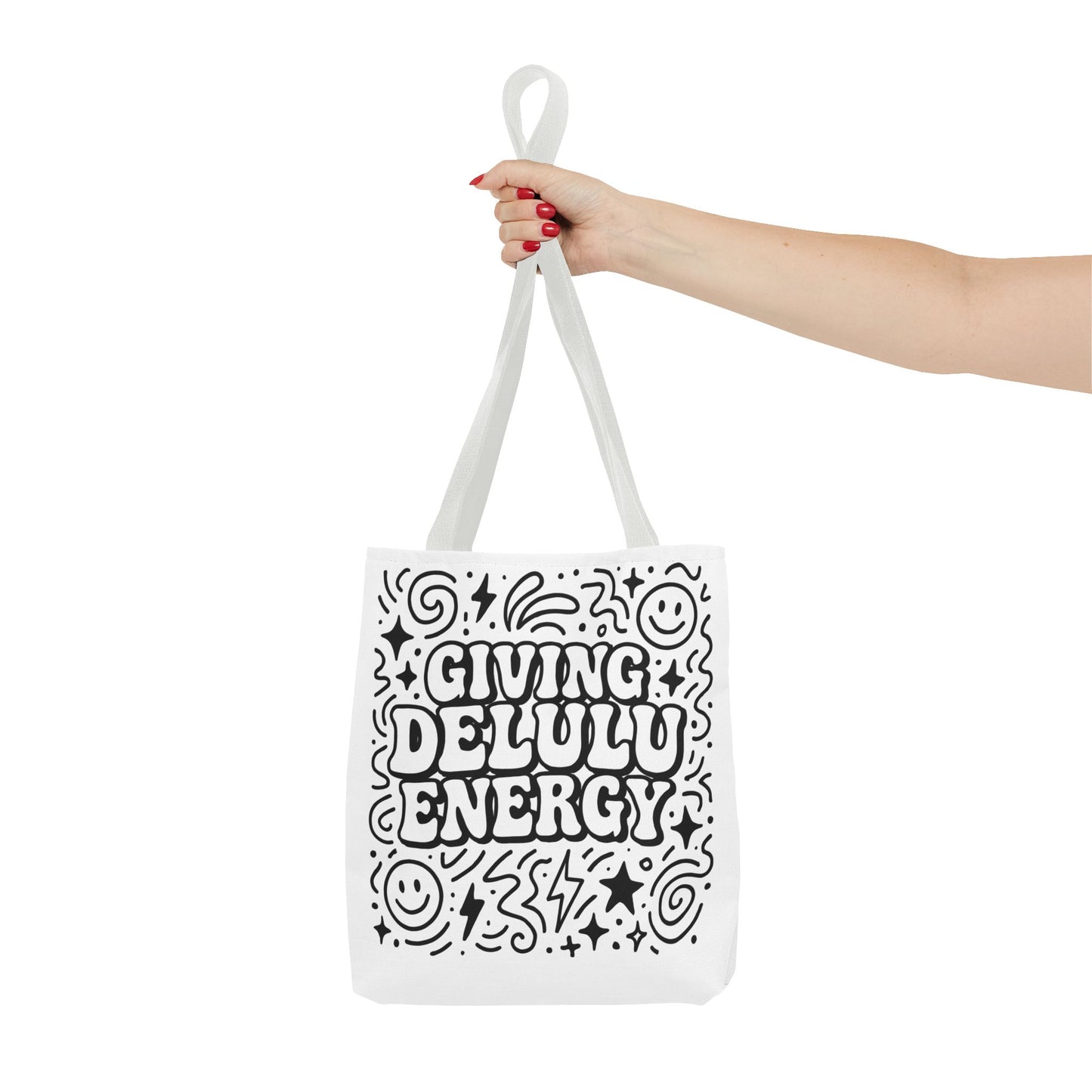 Black and White Doodle Art Tote Bag - Giving Delulu Energy - Gen Z Slang - Coloring Page Bag - Perfect for Everyday Use, Shopping, Gifts, Beach Trips