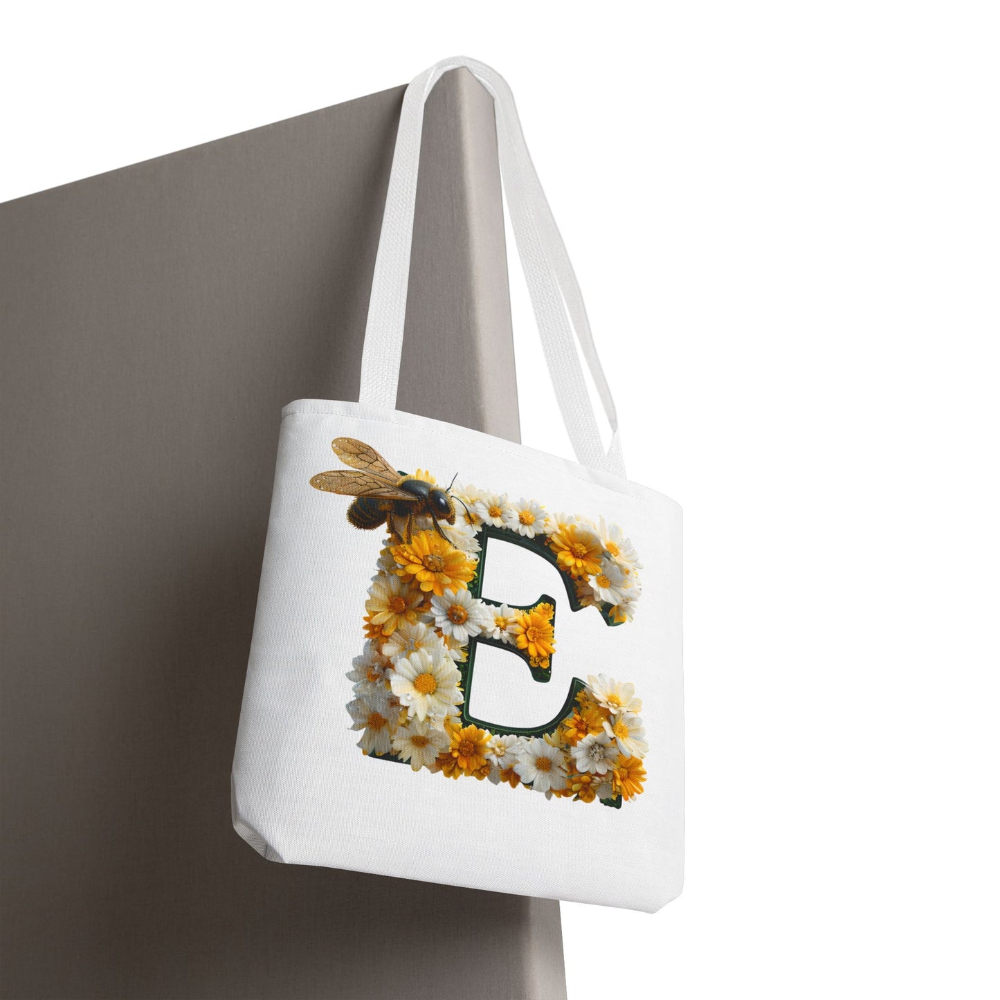Floral Alphabet Tote Bag with Yellow Daisies, the Initial 'E' and Bee Design