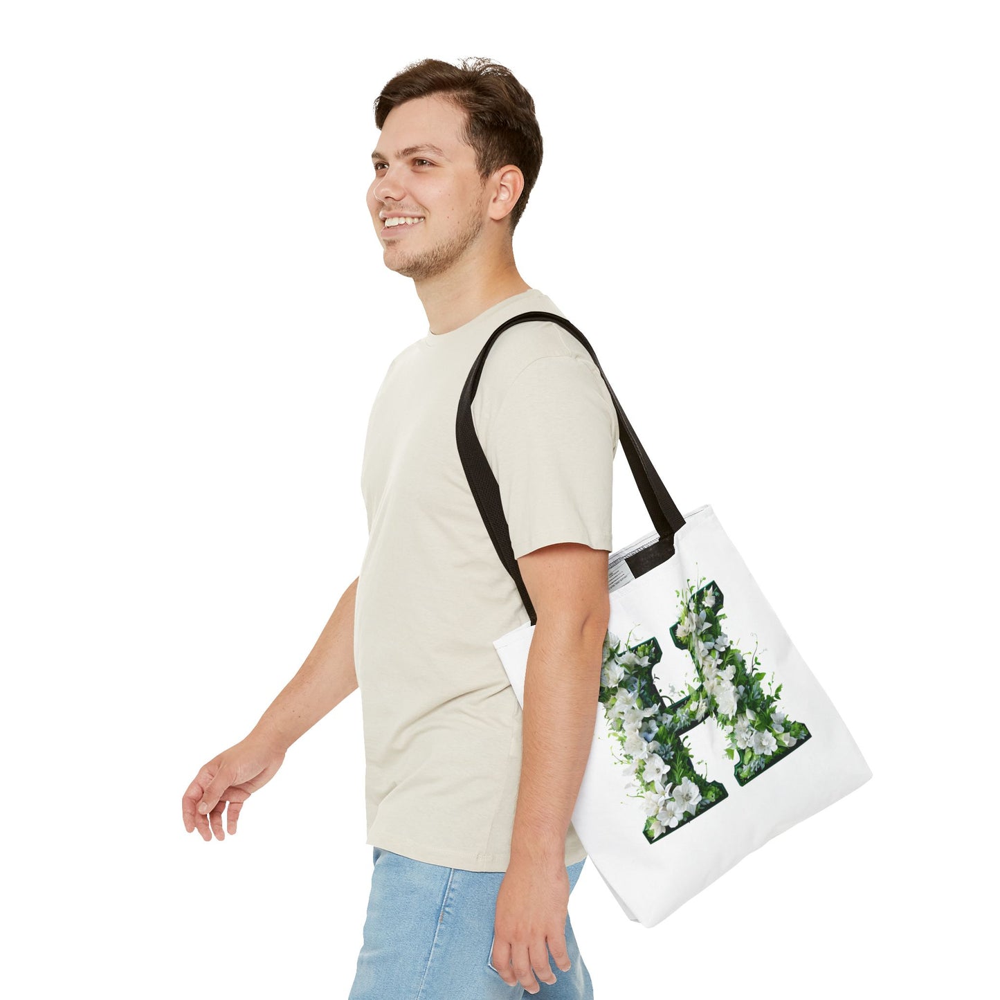 Floral Alphabet 'H' Tote Bag - Green and White Gift for Nature Lovers