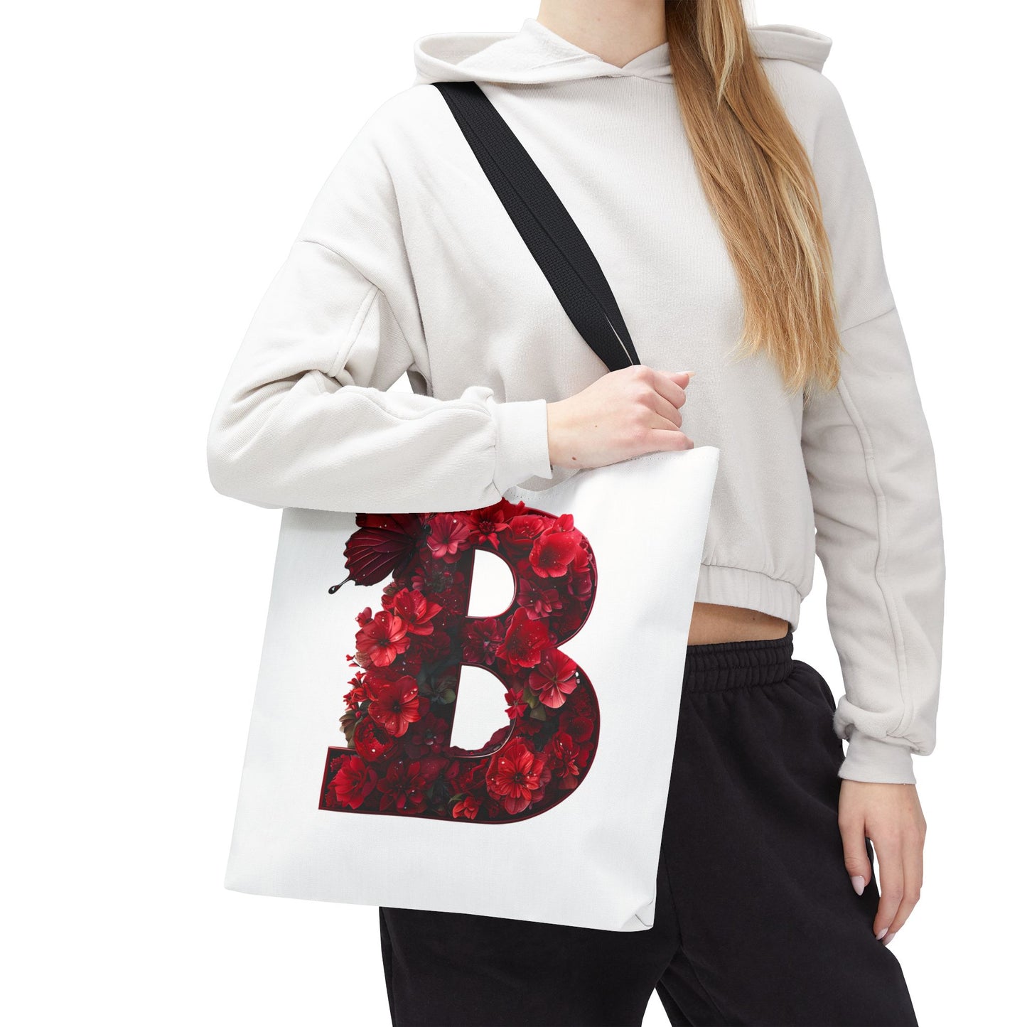 Red Floral Alphabet B' Tote Bag with Butterfly - Shopping, Beach or Travel Accessory