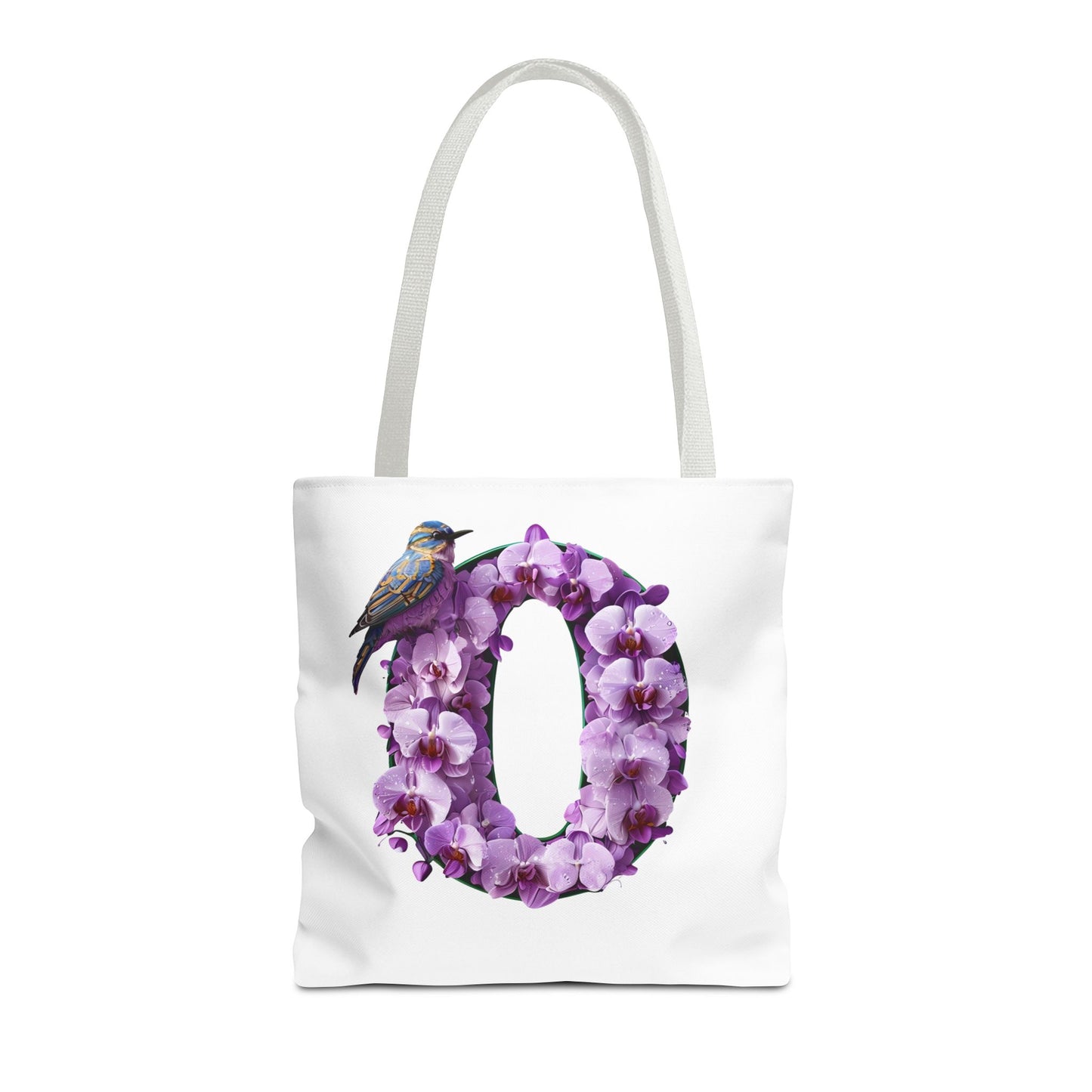Floral Alphabet 'O' Tote Bag with Bird and Purple Flowers