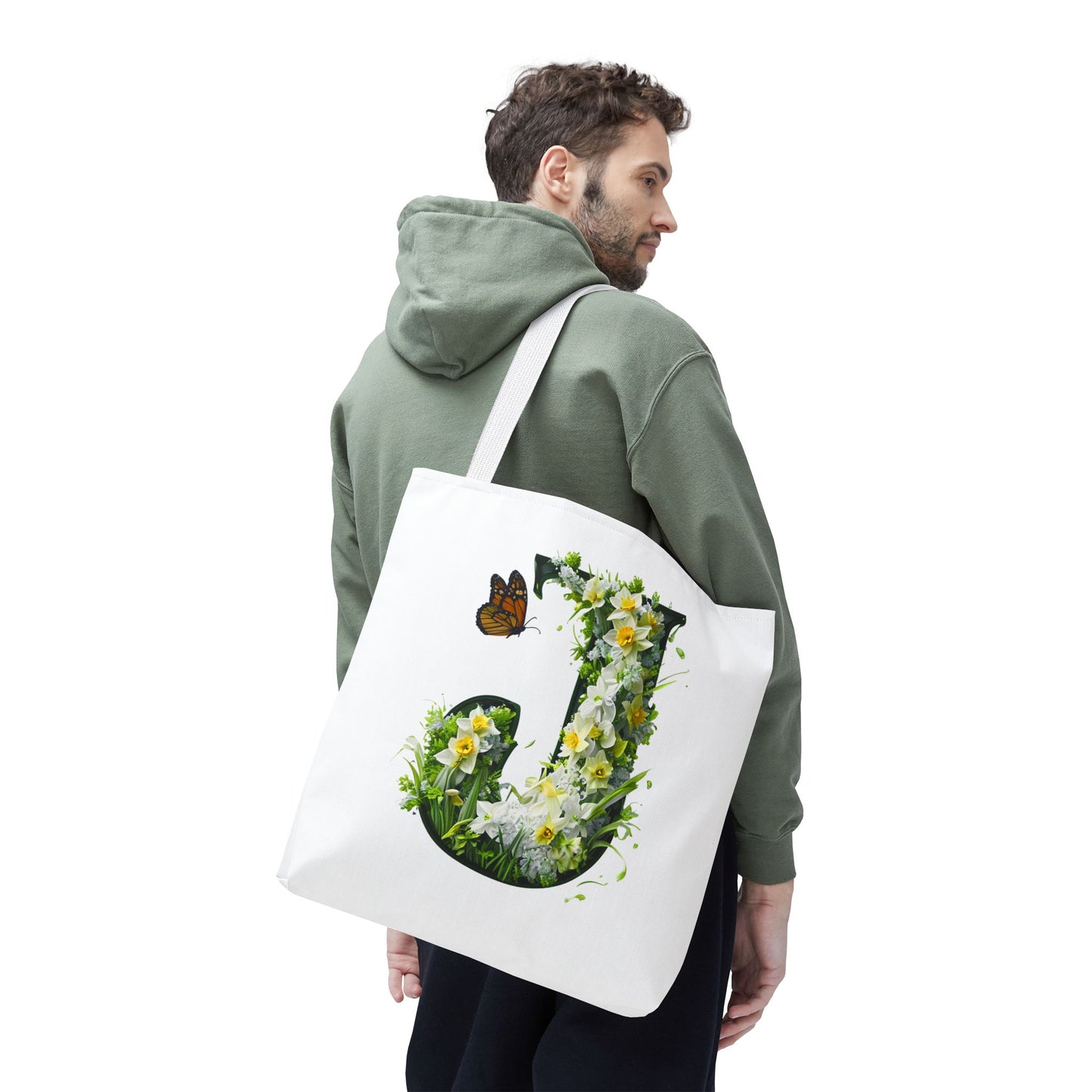 Floral Alphabet 'J' Tote Bag with Daffodils and Butterfly -Shopping & Gift Bag