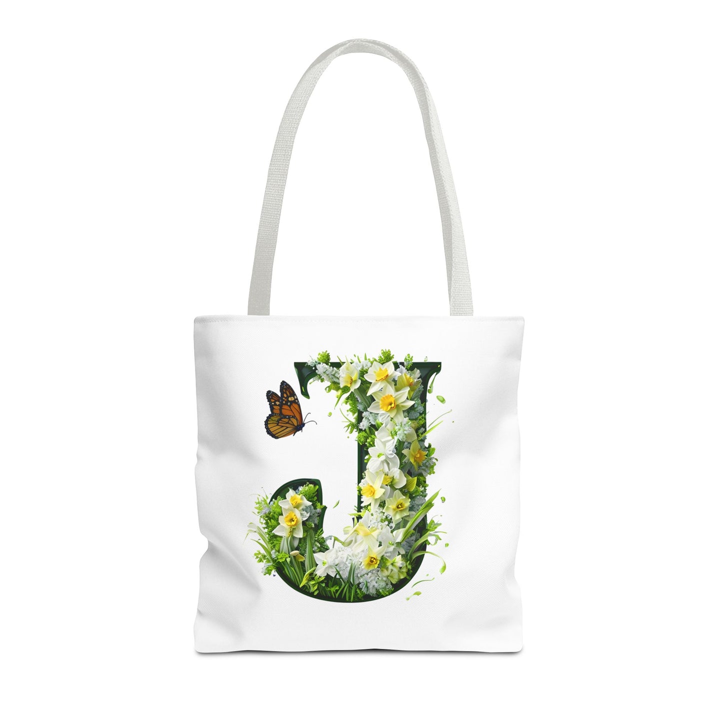 Floral Alphabet 'J' Tote Bag with Daffodils and Butterfly -Shopping & Gift Bag