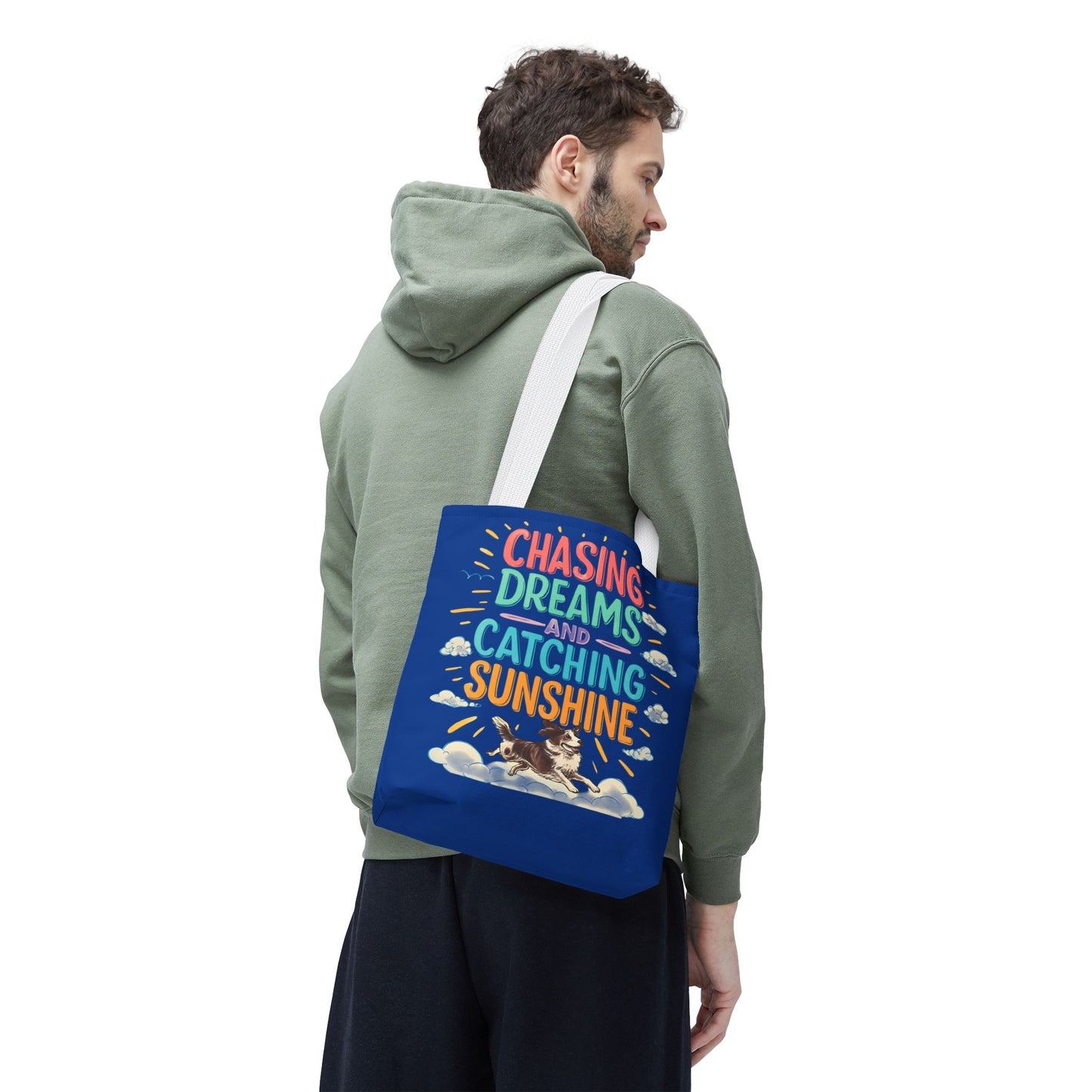 Chasing Dreams Tote Bag, Inspirational Tote, Dog Lover Gift, Eco-Friendly Shopper, Motivational Bag, Bright Blue Design