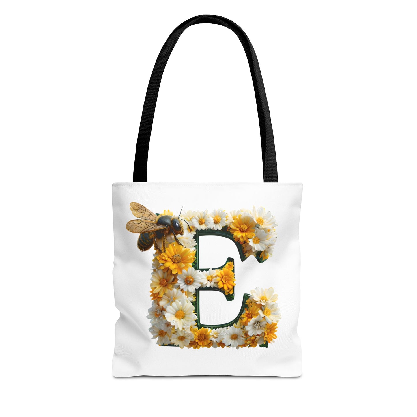 Floral Alphabet Tote Bag with Yellow Daisies, the Initial 'E' and Bee Design