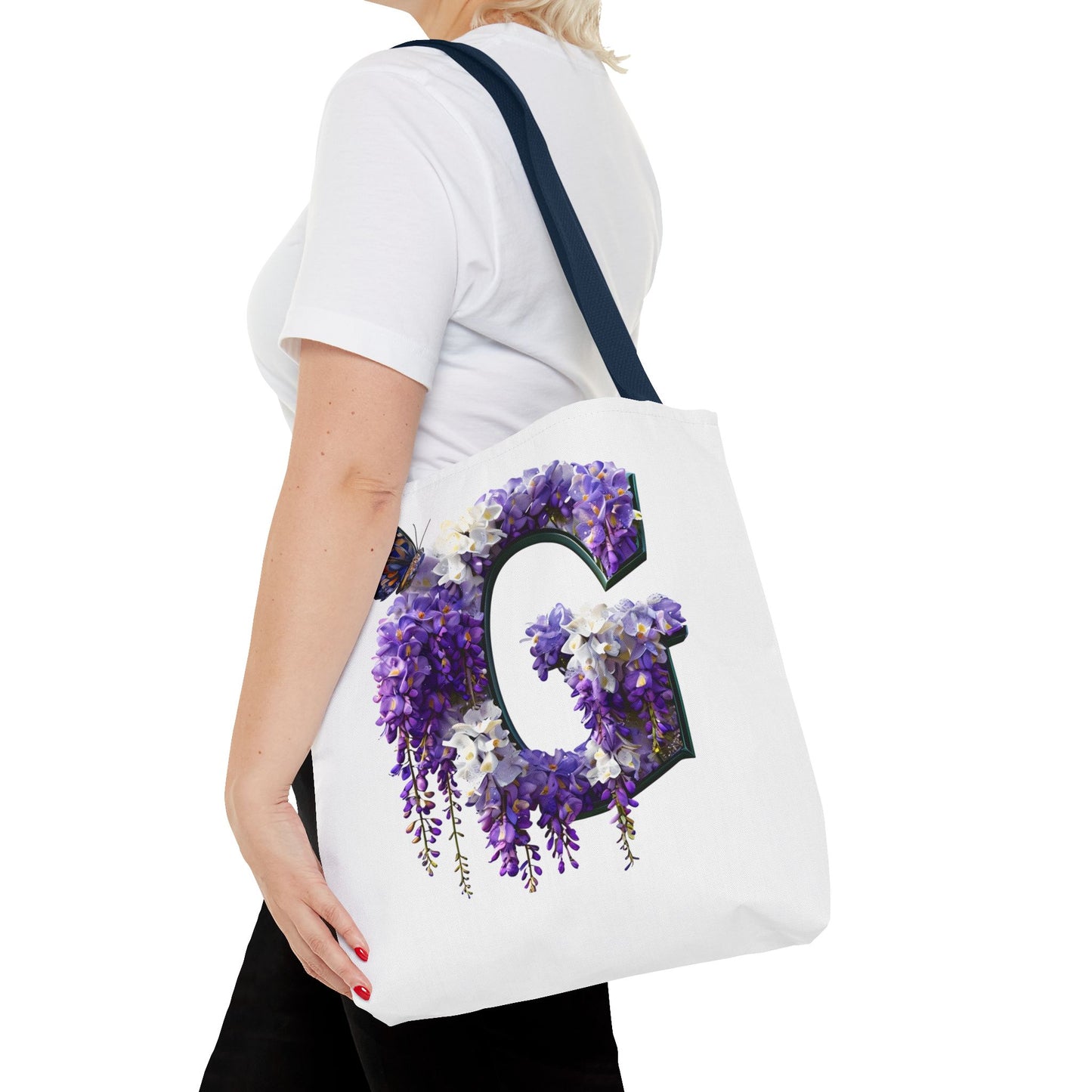 Floral Alphabet 'G' Tote Bag - Purple Flowers and Butterfly Design, Style for Every Occasion