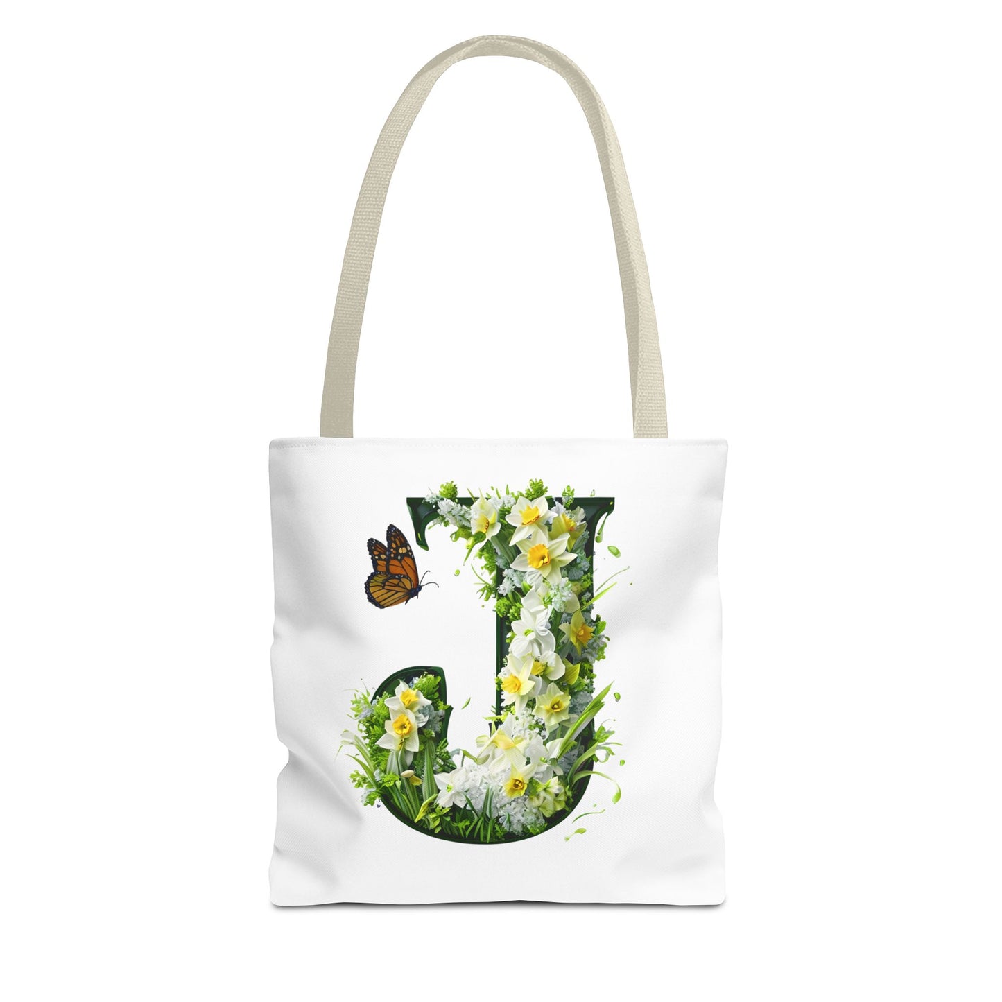 Floral Alphabet 'J' Tote Bag with Daffodils and Butterfly -Shopping & Gift Bag