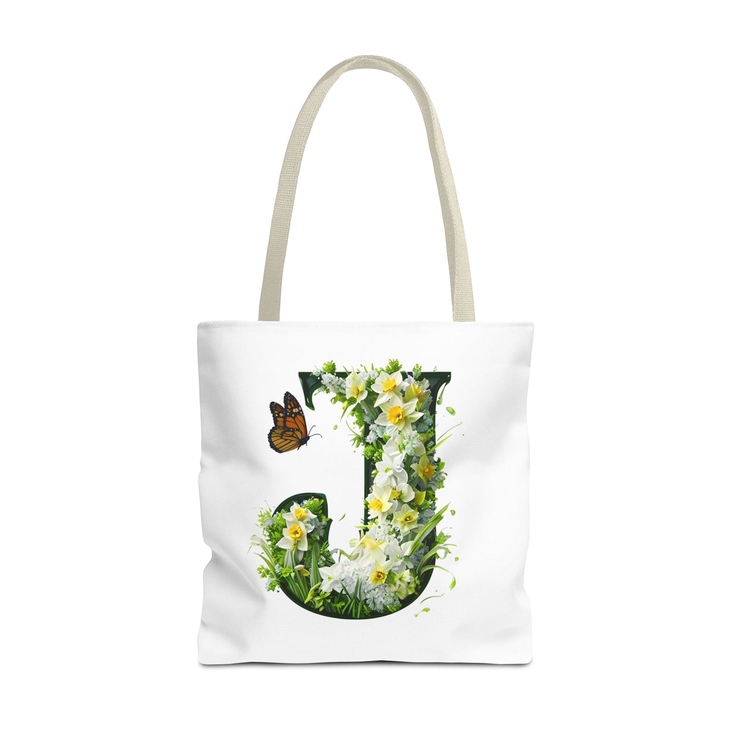 Floral Alphabet 'J' Tote Bag with Daffodils and Butterfly -Shopping & Gift Bag